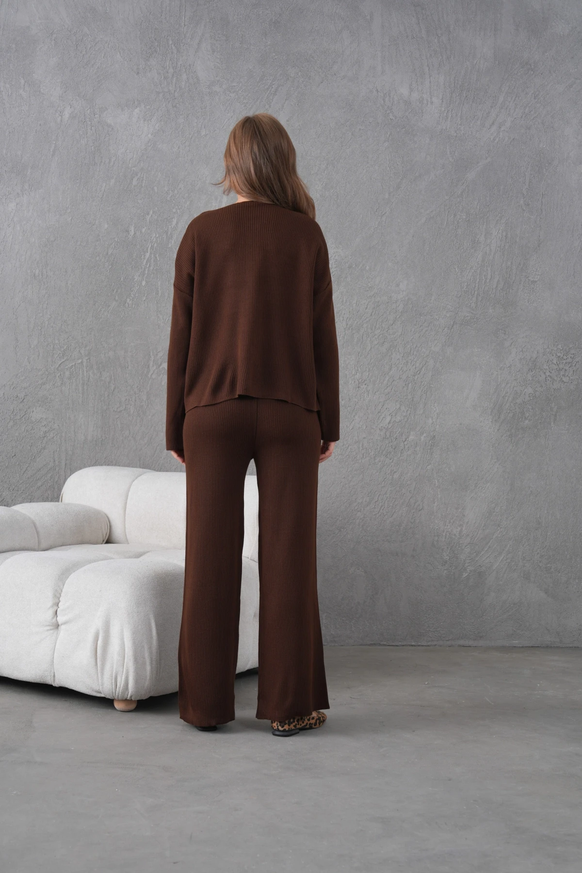 Kadın Bisiklet Yaka Düğme Kapama Kaşkorse Ceket Pantolon İkili Triko Takım