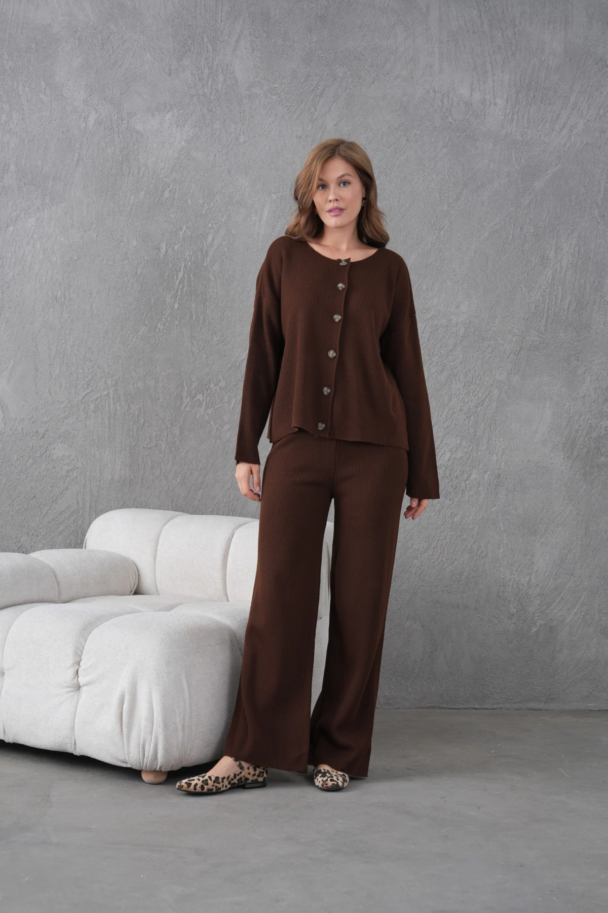 Kadın Bisiklet Yaka Düğme Kapama Kaşkorse Ceket Pantolon İkili Triko Takım