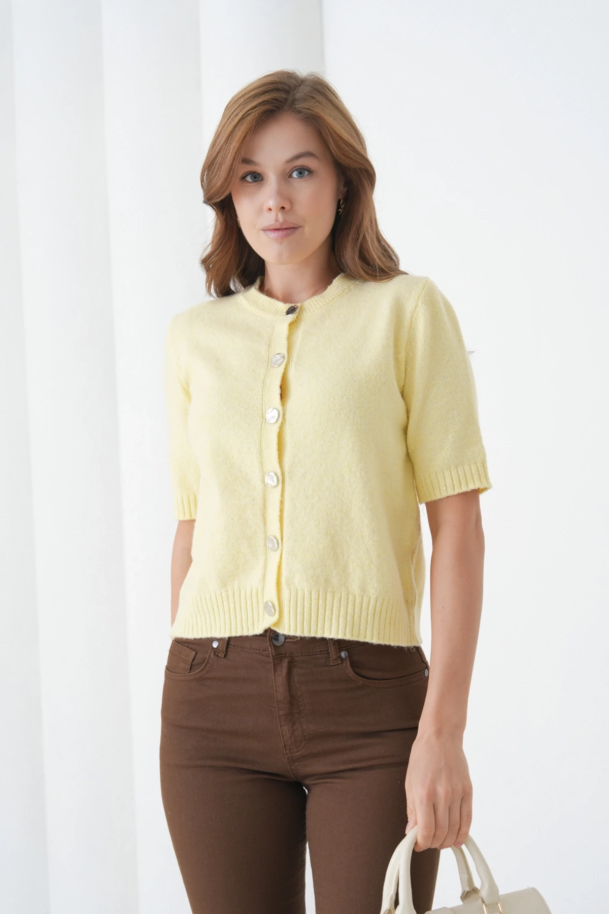 Kadın Bisiklet Yaka Düğme Kapama Yün Karışımlı Simli Triko Kazak 8643Sw