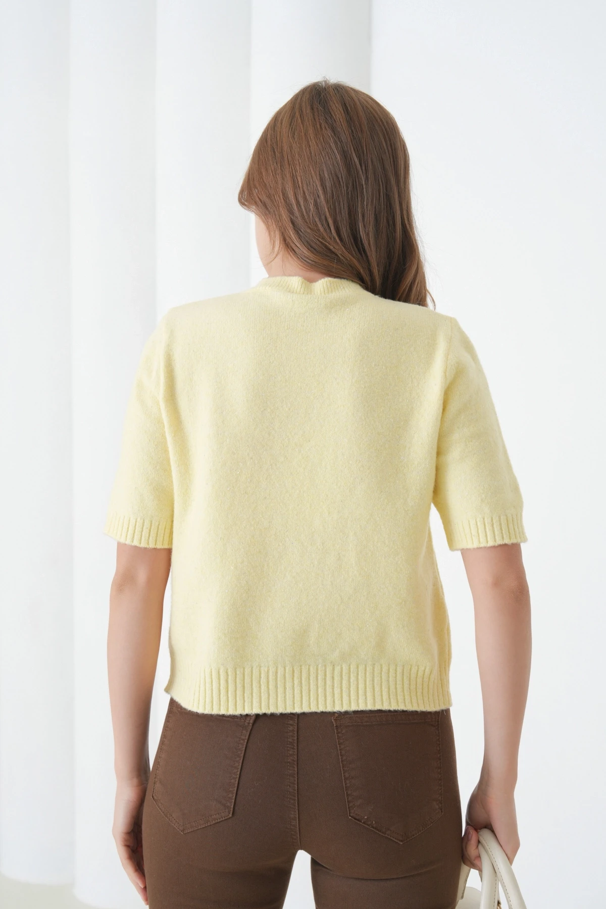 Kadın Bisiklet Yaka Düğme Kapama Yün Karışımlı Simli Triko Kazak 8643Sw