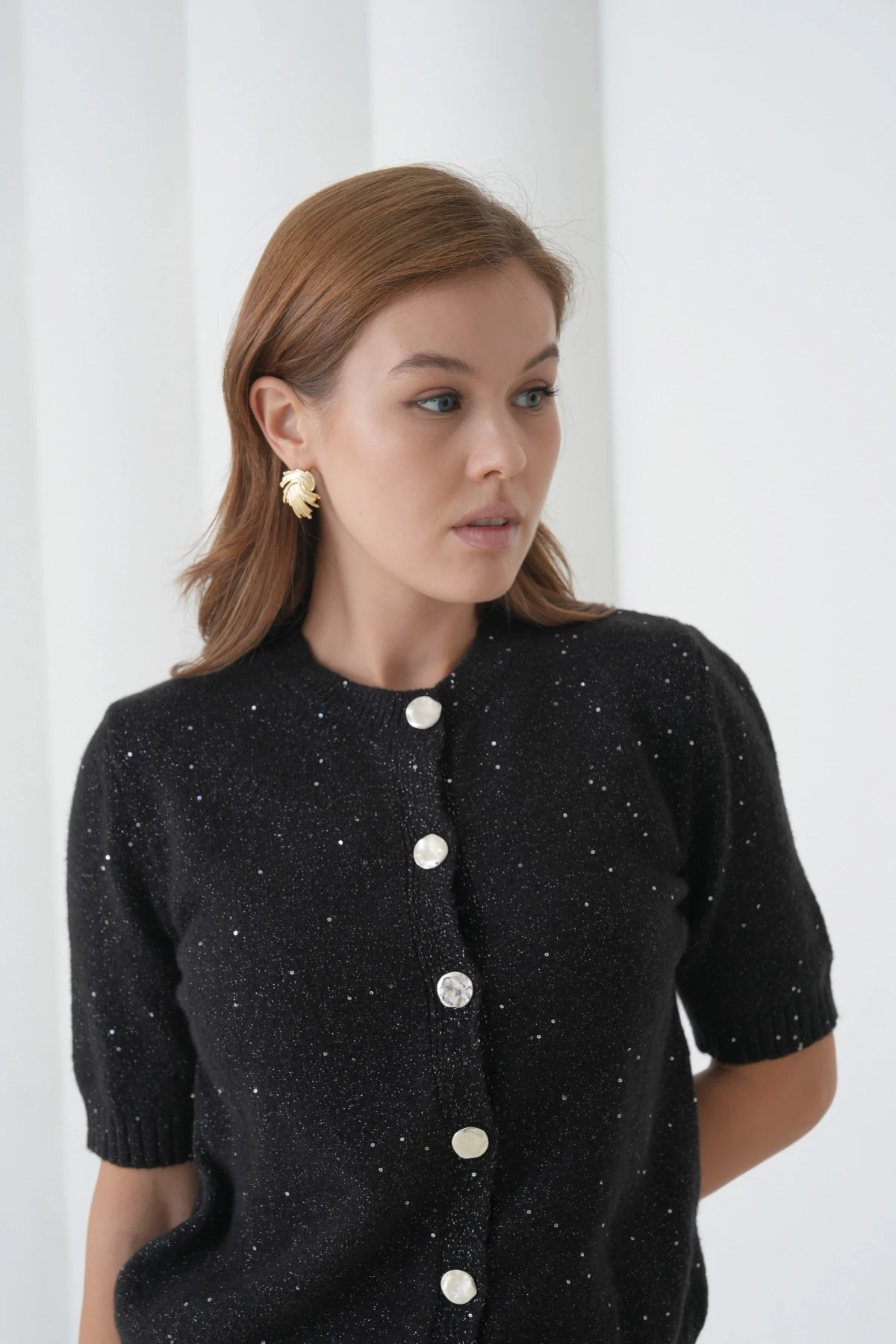 Kadın Bisiklet Yaka Düğme Kapama Yün Karışımlı Simli Triko Kazak 8643Sw