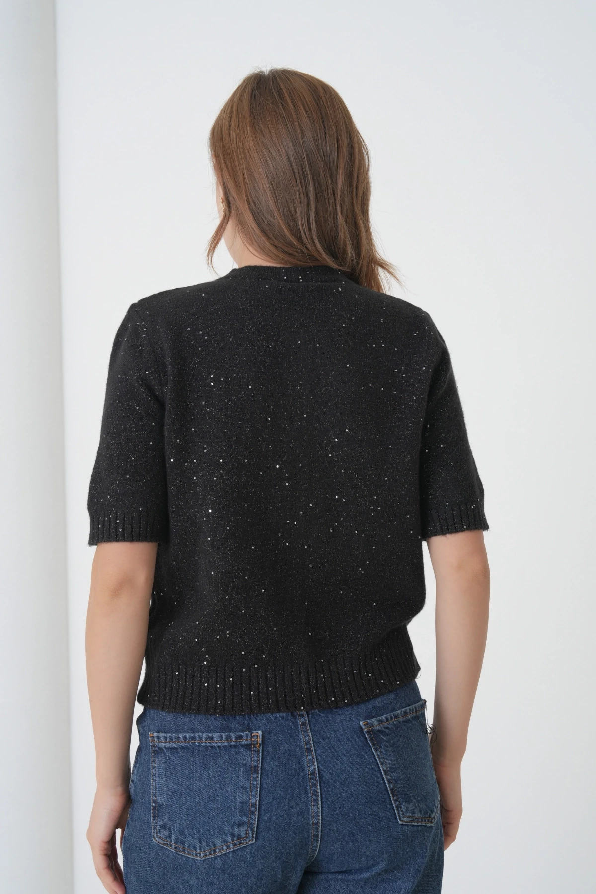 Kadın Bisiklet Yaka Düğme Kapama Yün Karışımlı Simli Triko Kazak 8643Sw