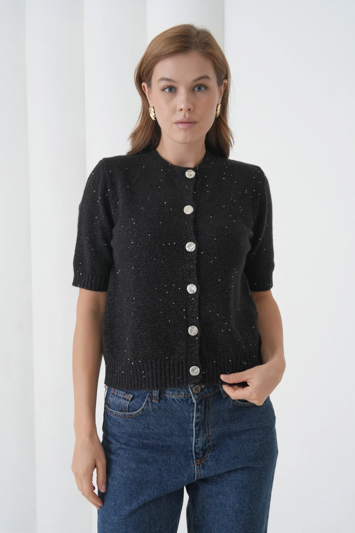 Kadın Bisiklet Yaka Düğme Kapama Yün Karışımlı Simli Triko Kazak 8643Sw