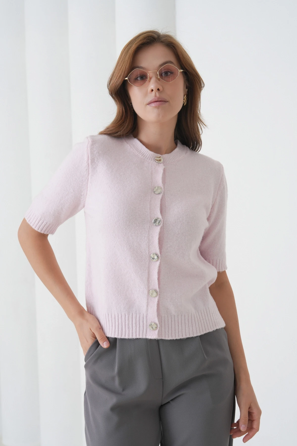 Kadın Bisiklet Yaka Düğme Kapama Yün Karışımlı Simli Triko Kazak 8643Sw