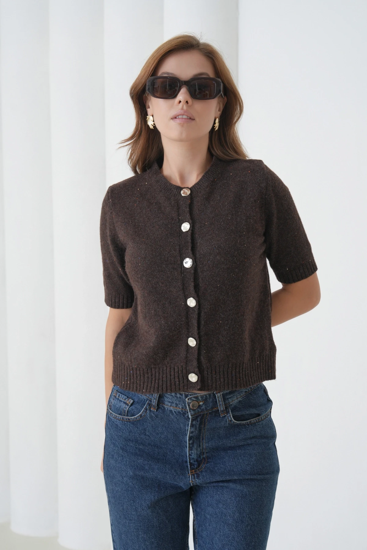 Kadın Bisiklet Yaka Düğme Kapama Yün Karışımlı Simli Triko Kazak 8643Sw