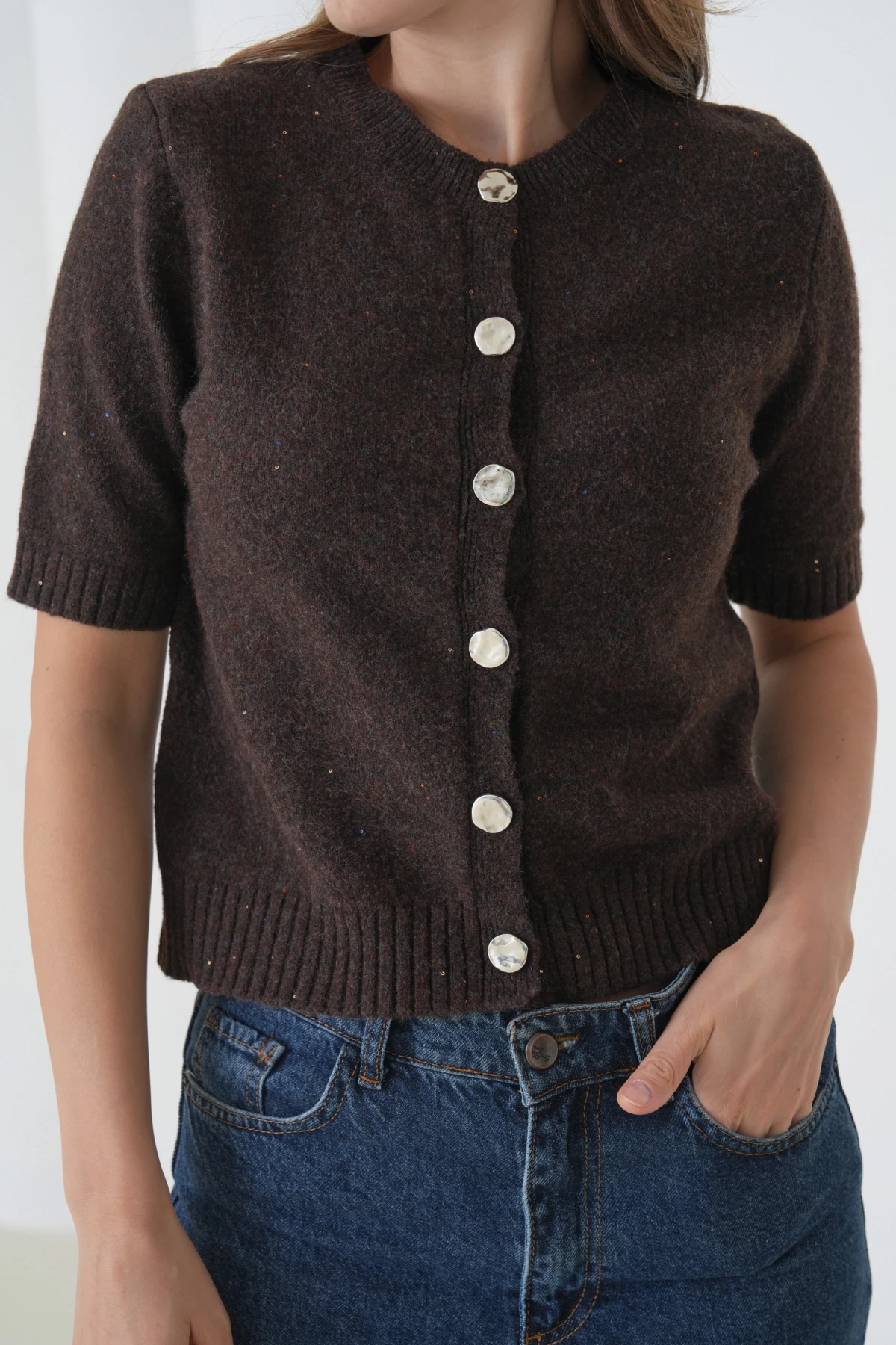 Kadın Bisiklet Yaka Düğme Kapama Yün Karışımlı Simli Triko Kazak 8643Sw