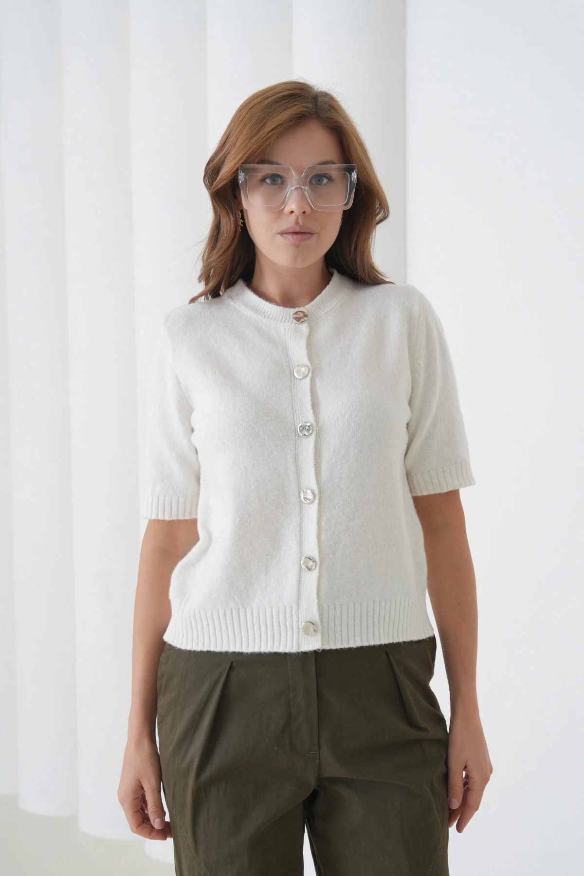 Kadın Bisiklet Yaka Düğme Kapama Yün Karışımlı Simli Triko Kazak 8643Sw