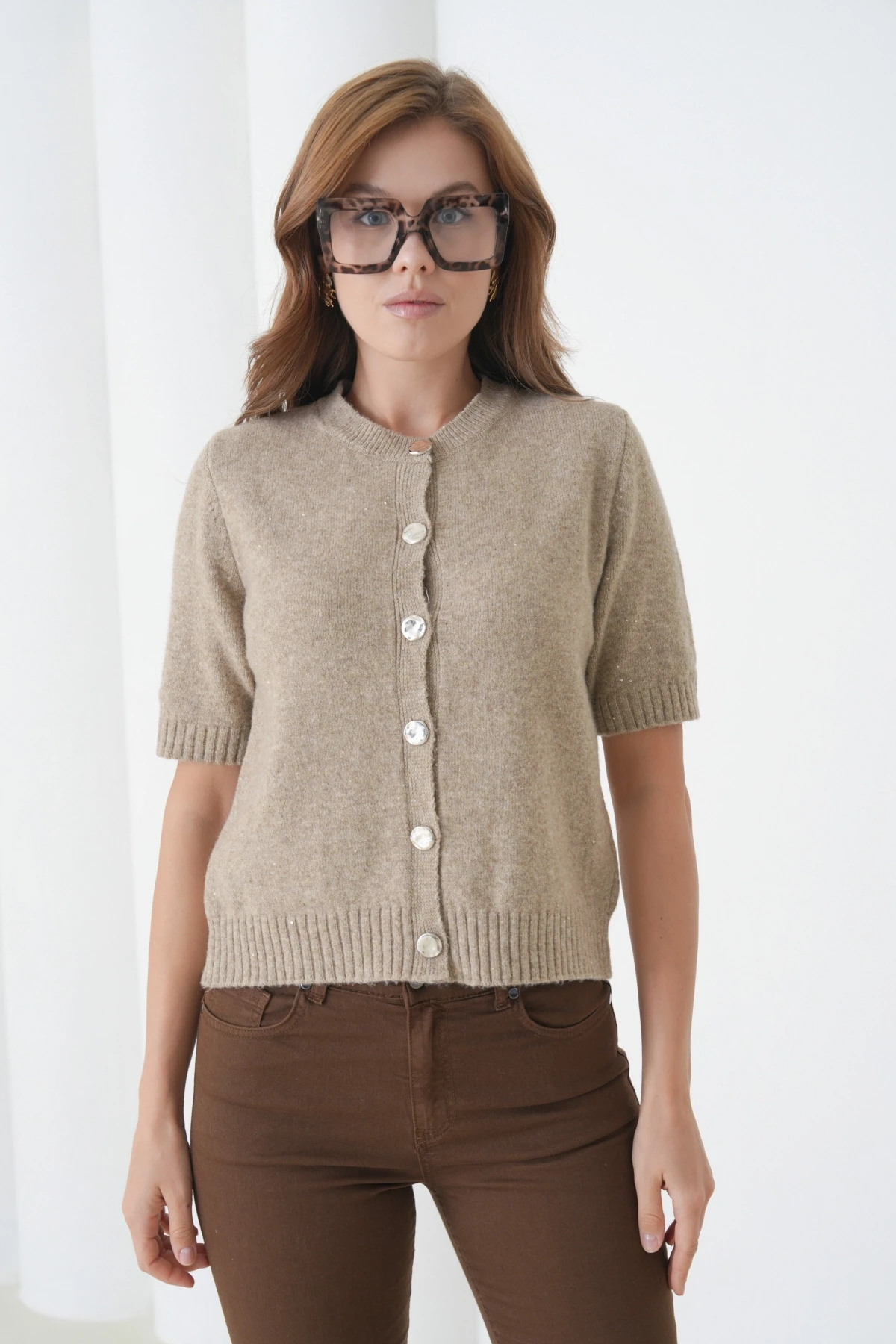 Kadın Bisiklet Yaka Düğme Kapama Yün Karışımlı Simli Triko Kazak 8643Sw