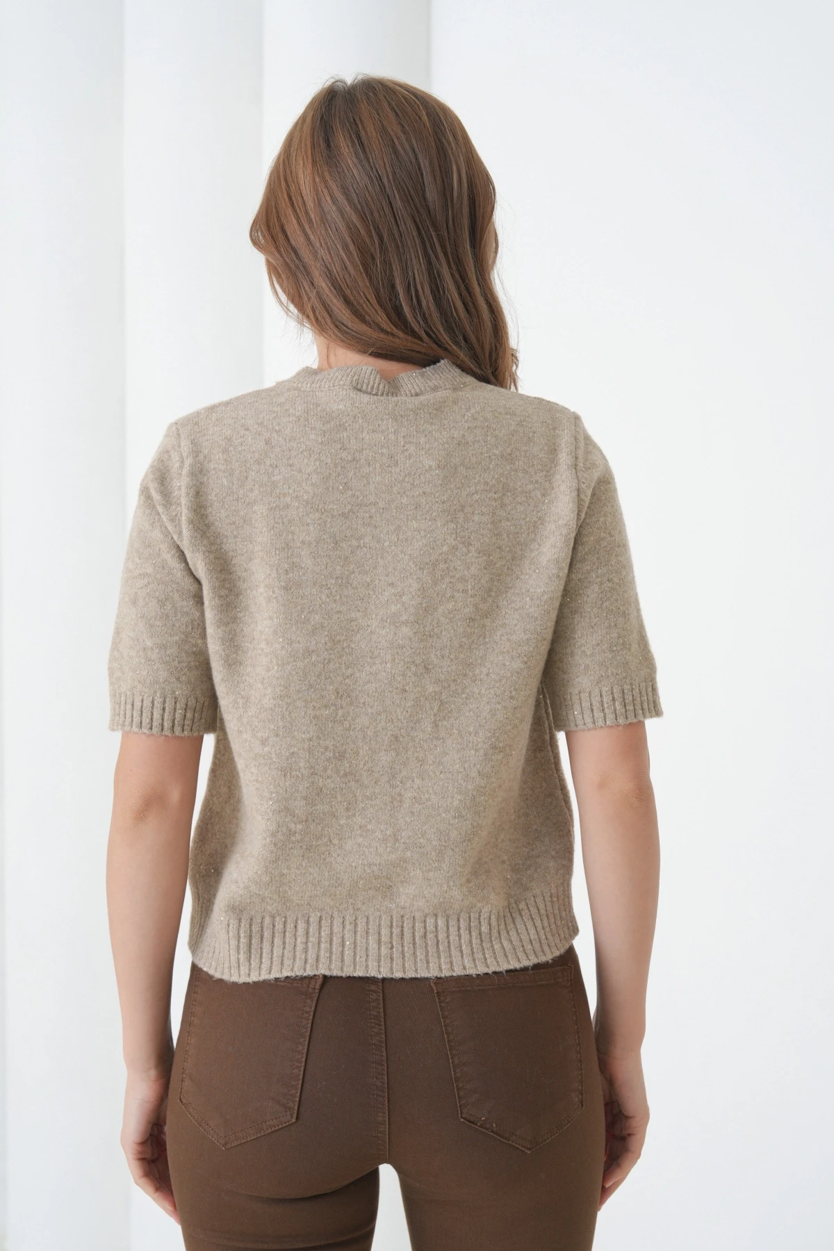 Kadın Bisiklet Yaka Düğme Kapama Yün Karışımlı Simli Triko Kazak 8643Sw