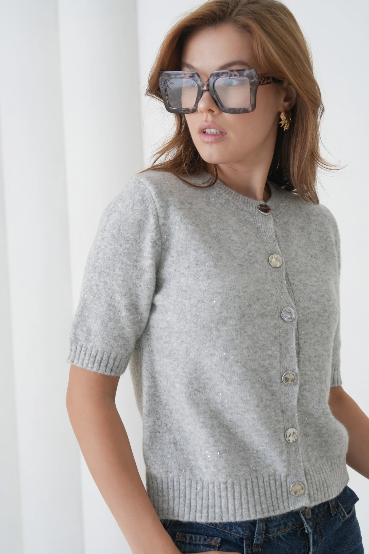 Kadın Bisiklet Yaka Düğme Kapama Yün Karışımlı Simli Triko Kazak 8643Sw