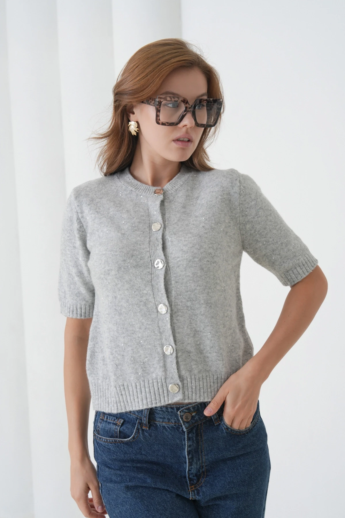 Kadın Bisiklet Yaka Düğme Kapama Yün Karışımlı Simli Triko Kazak 8643Sw