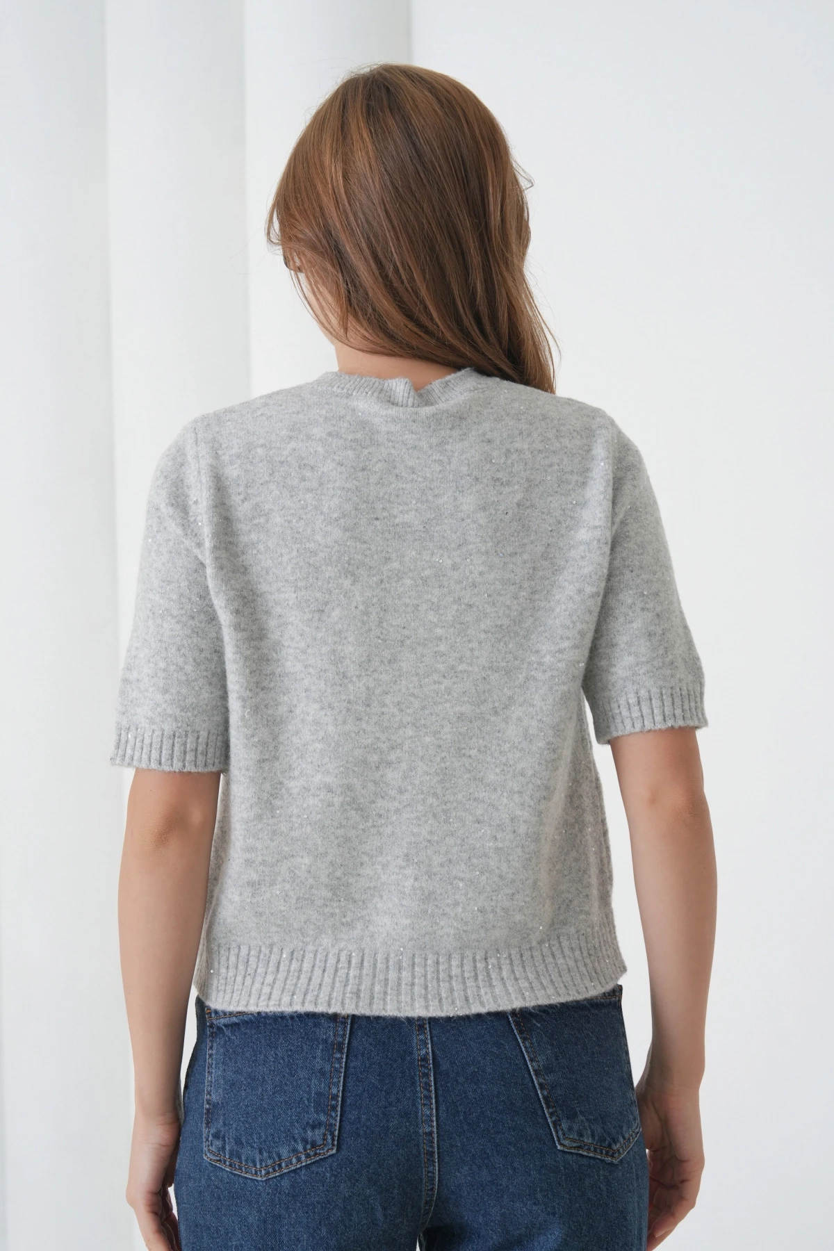 Kadın Bisiklet Yaka Düğme Kapama Yün Karışımlı Simli Triko Kazak 8643Sw