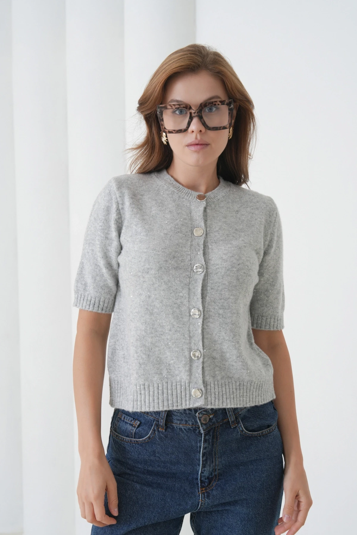 Kadın Bisiklet Yaka Düğme Kapama Yün Karışımlı Simli Triko Kazak 8643Sw