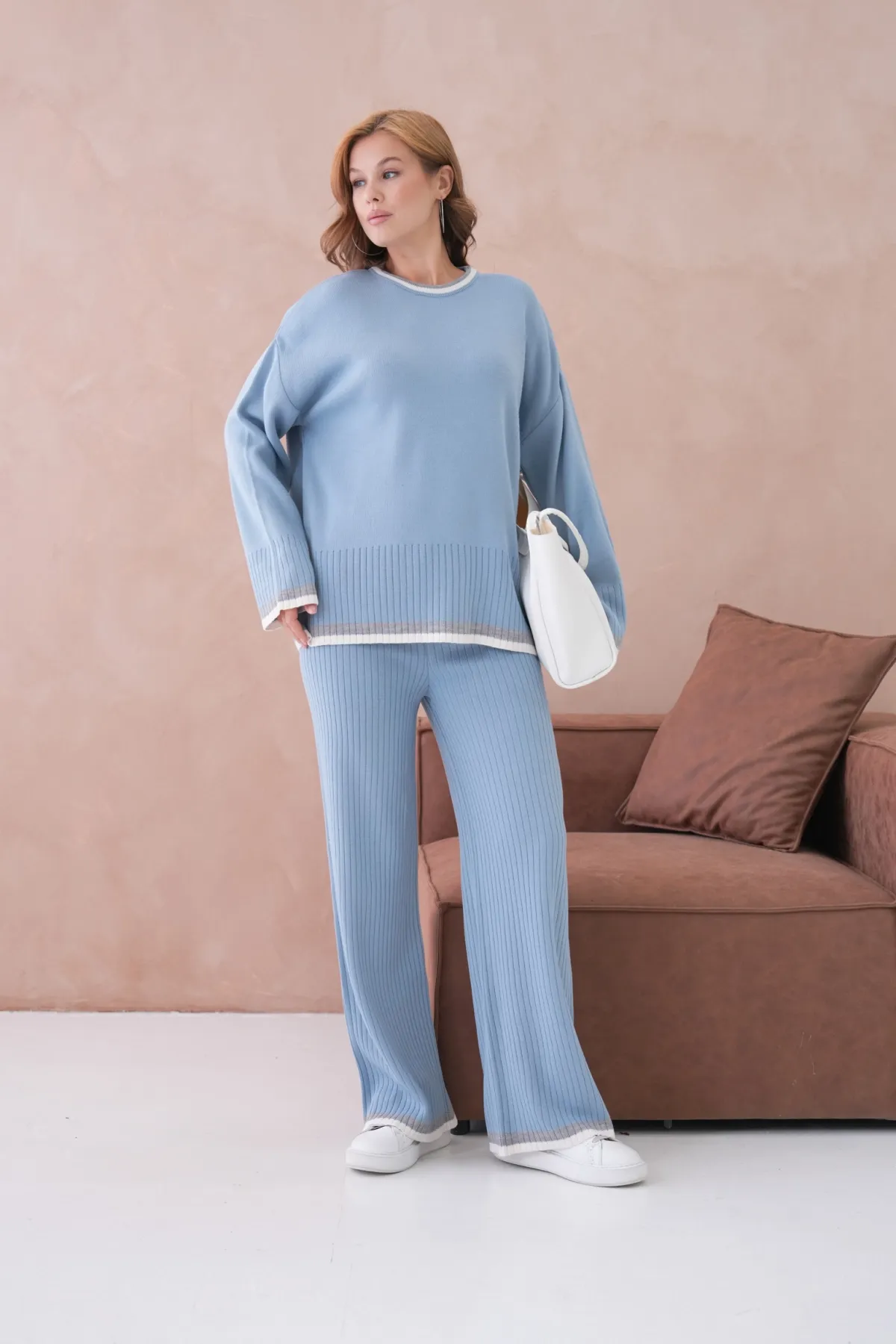 Kadın Bisiklet Yaka Düşük Kol Kazak Pantolon İkili Triko Takım