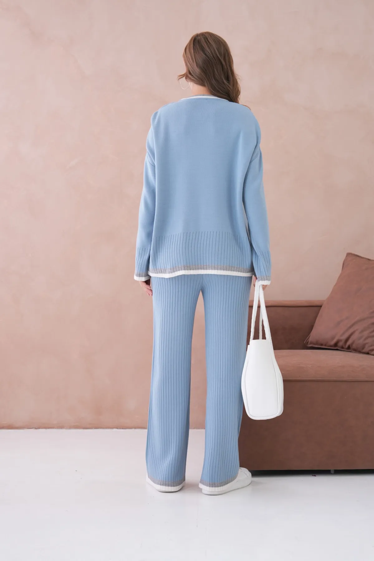 Kadın Bisiklet Yaka Düşük Kol Kazak Pantolon İkili Triko Takım