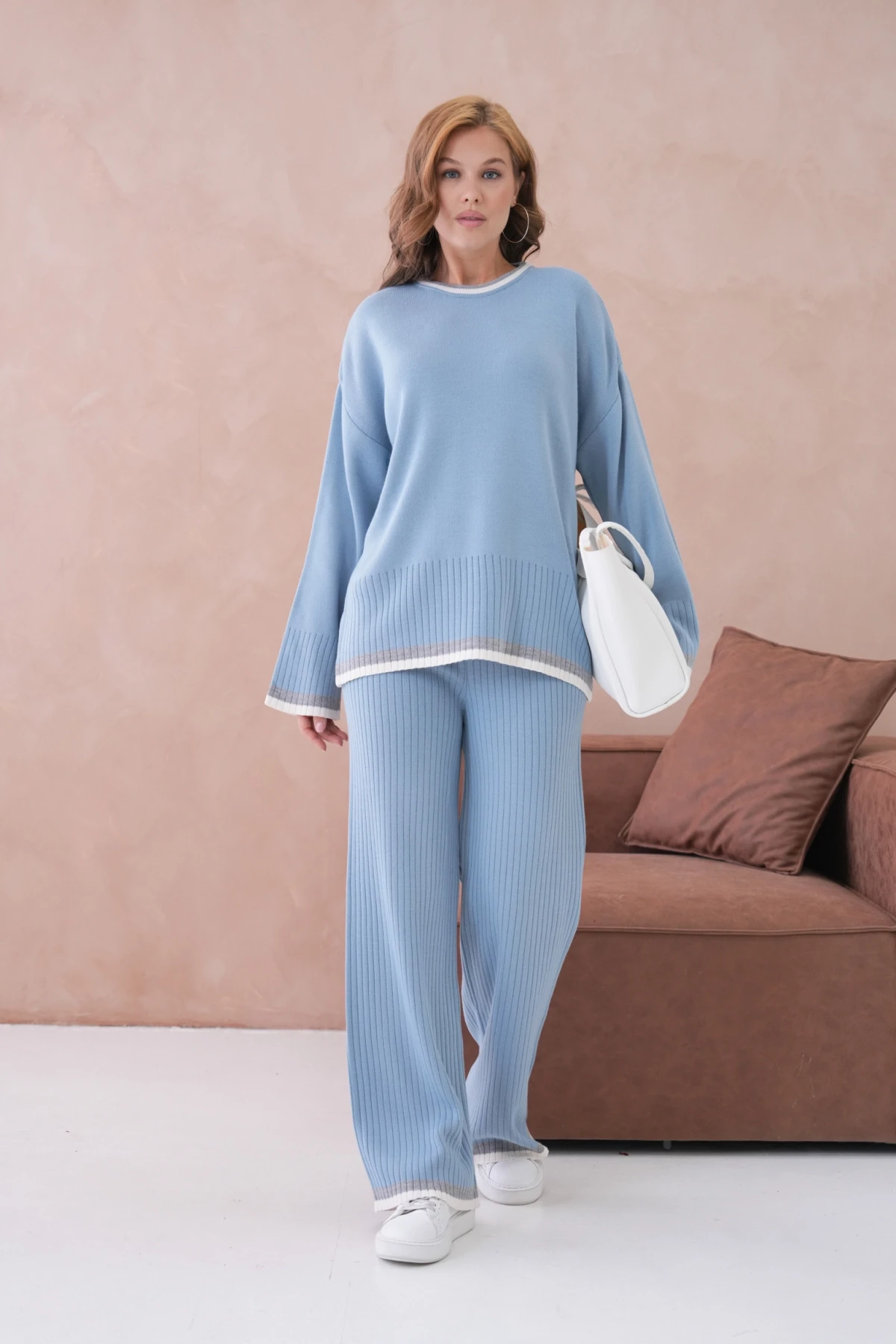 Kadın Bisiklet Yaka Düşük Kol Kazak Pantolon İkili Triko Takım