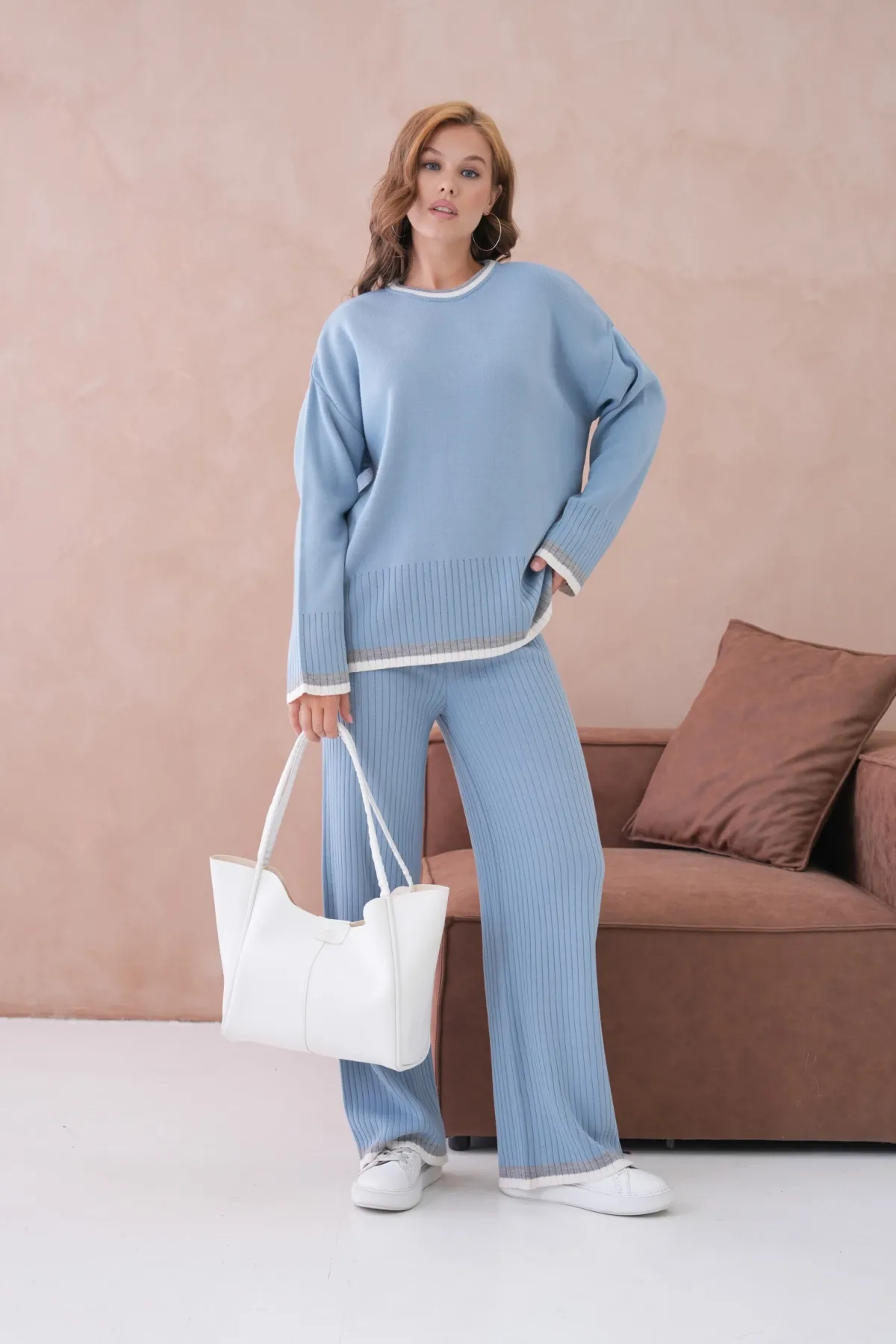 Kadın Bisiklet Yaka Düşük Kol Kazak Pantolon İkili Triko Takım