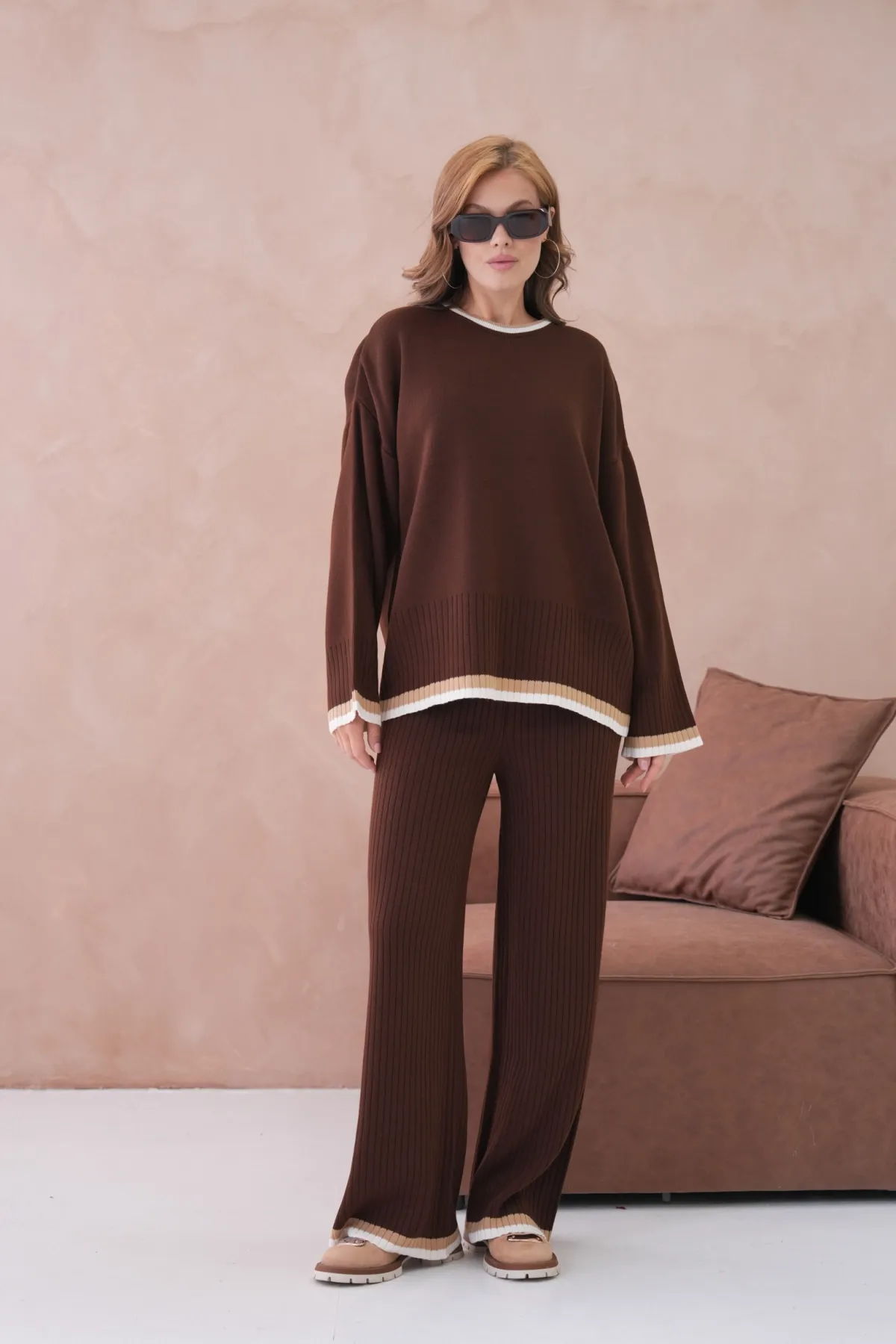 Kadın Bisiklet Yaka Düşük Kol Kazak Pantolon İkili Triko Takım