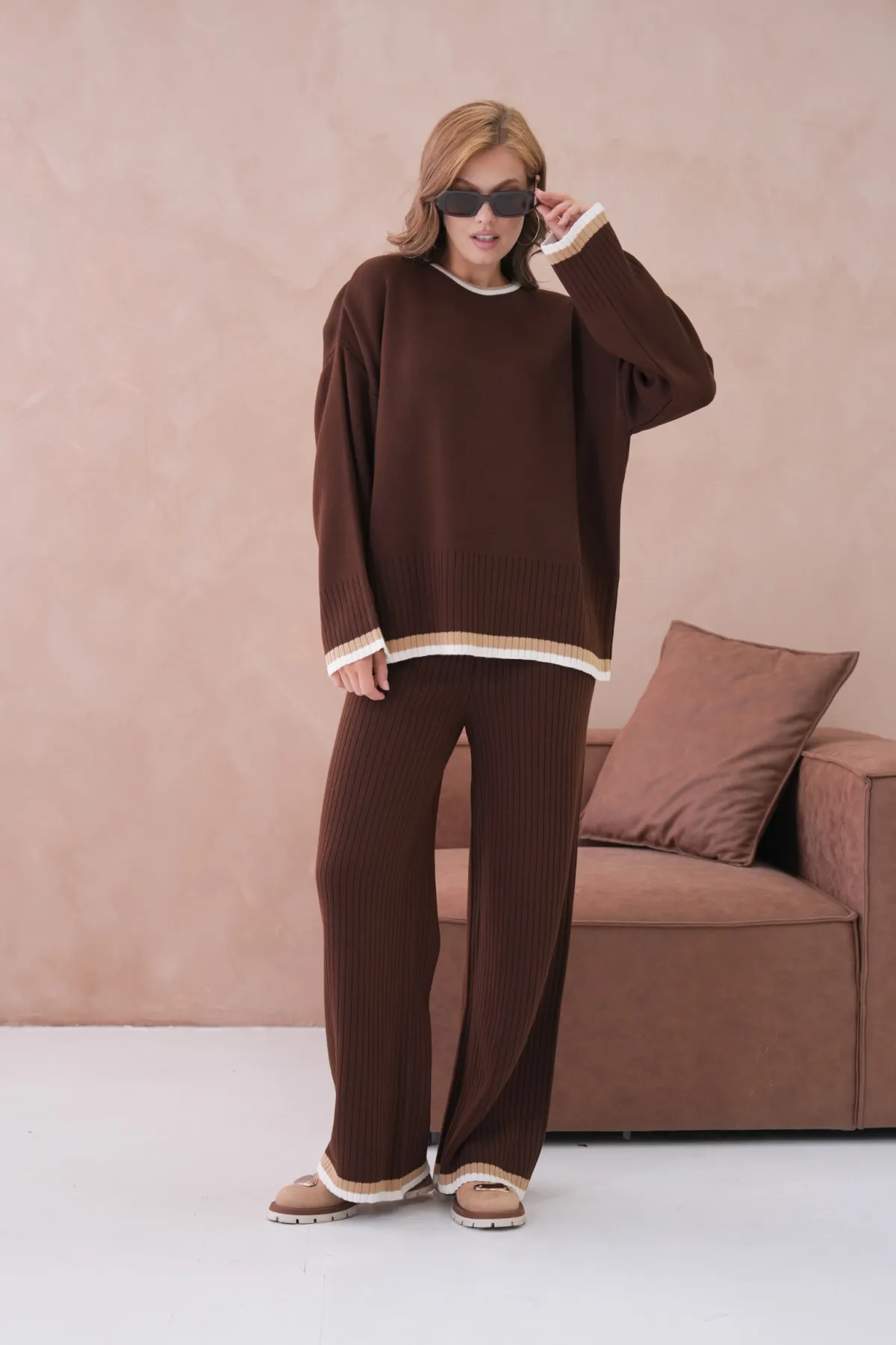 Kadın Bisiklet Yaka Düşük Kol Kazak Pantolon İkili Triko Takım