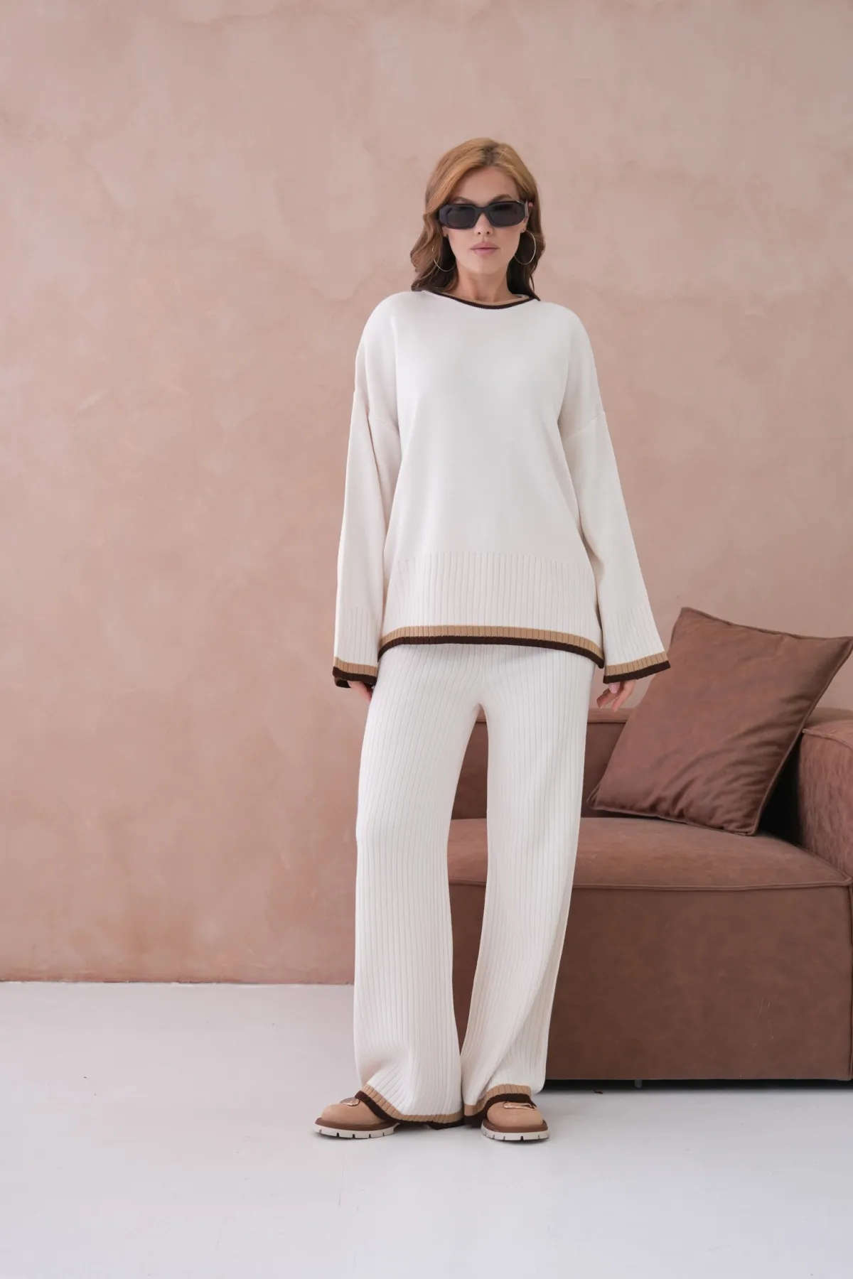 Kadın Bisiklet Yaka Düşük Kol Kazak Pantolon İkili Triko Takım