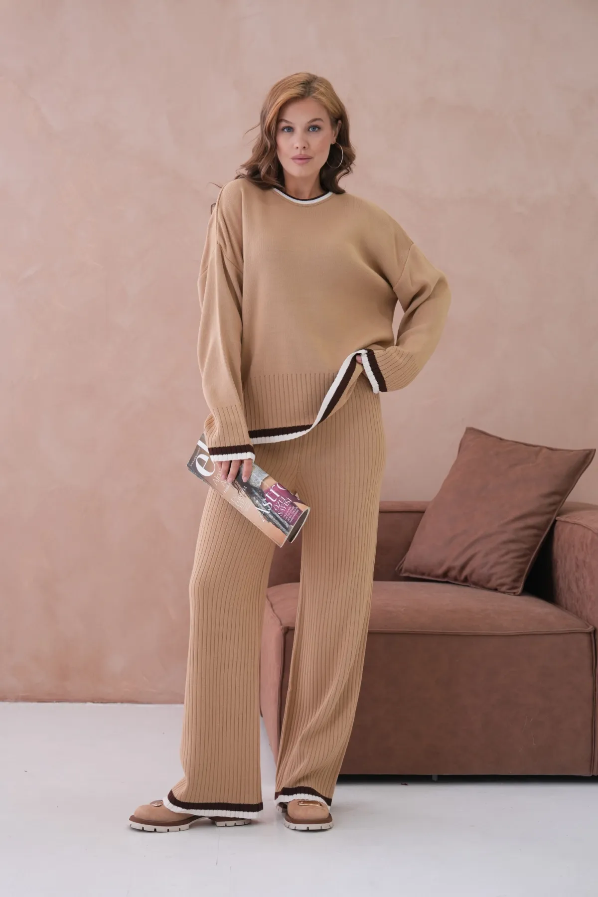 Kadın Bisiklet Yaka Düşük Kol Kazak Pantolon İkili Triko Takım