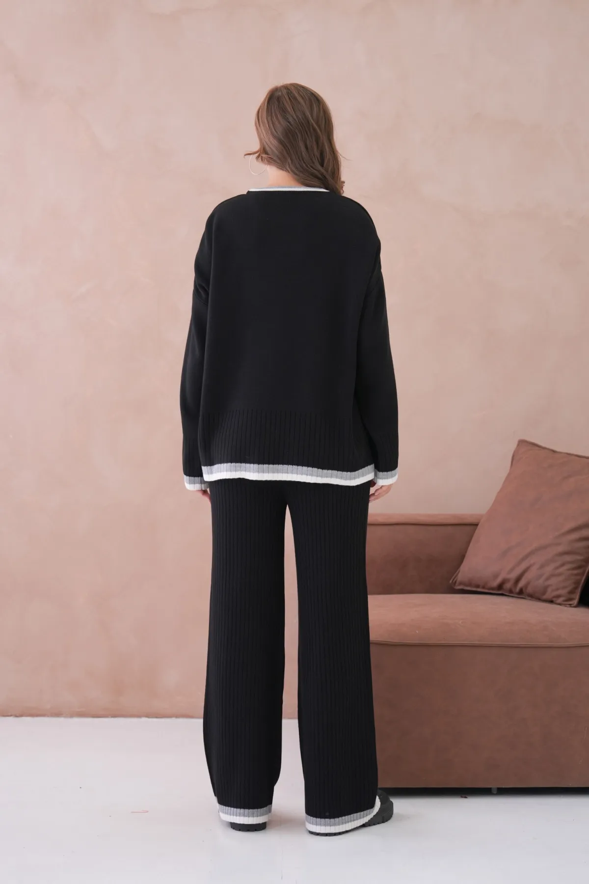 Kadın Bisiklet Yaka Düşük Kol Kazak Pantolon İkili Triko Takım