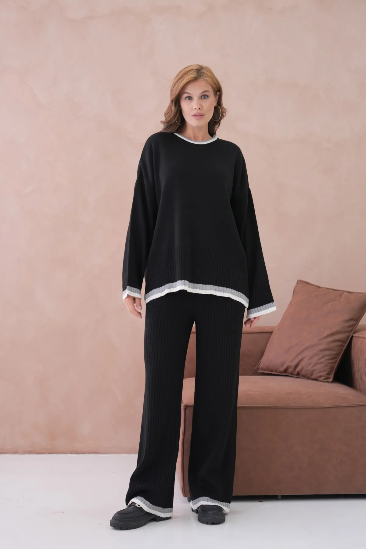 Kadın Bisiklet Yaka Düşük Kol Kazak Pantolon İkili Triko Takım