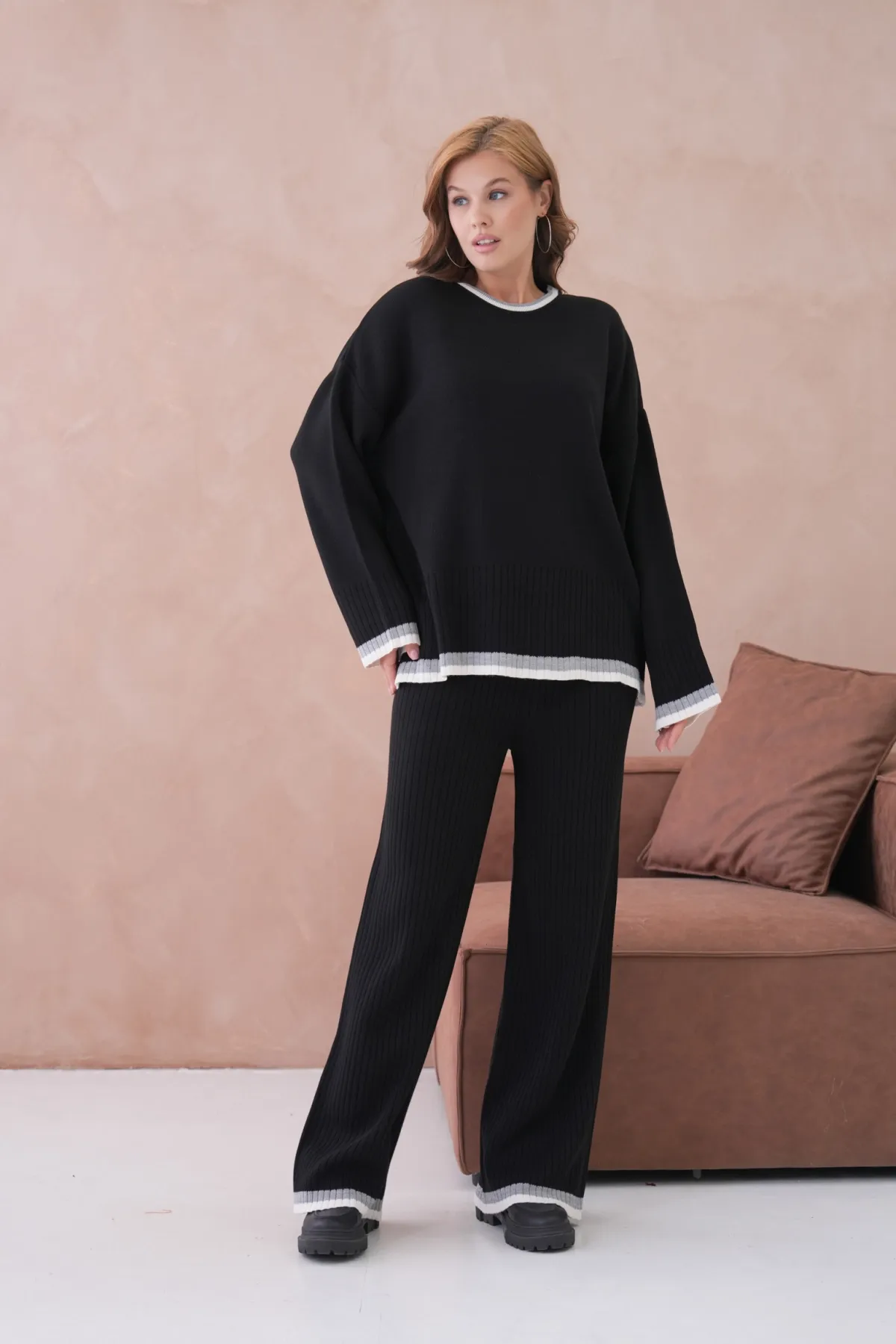 Kadın Bisiklet Yaka Düşük Kol Kazak Pantolon İkili Triko Takım