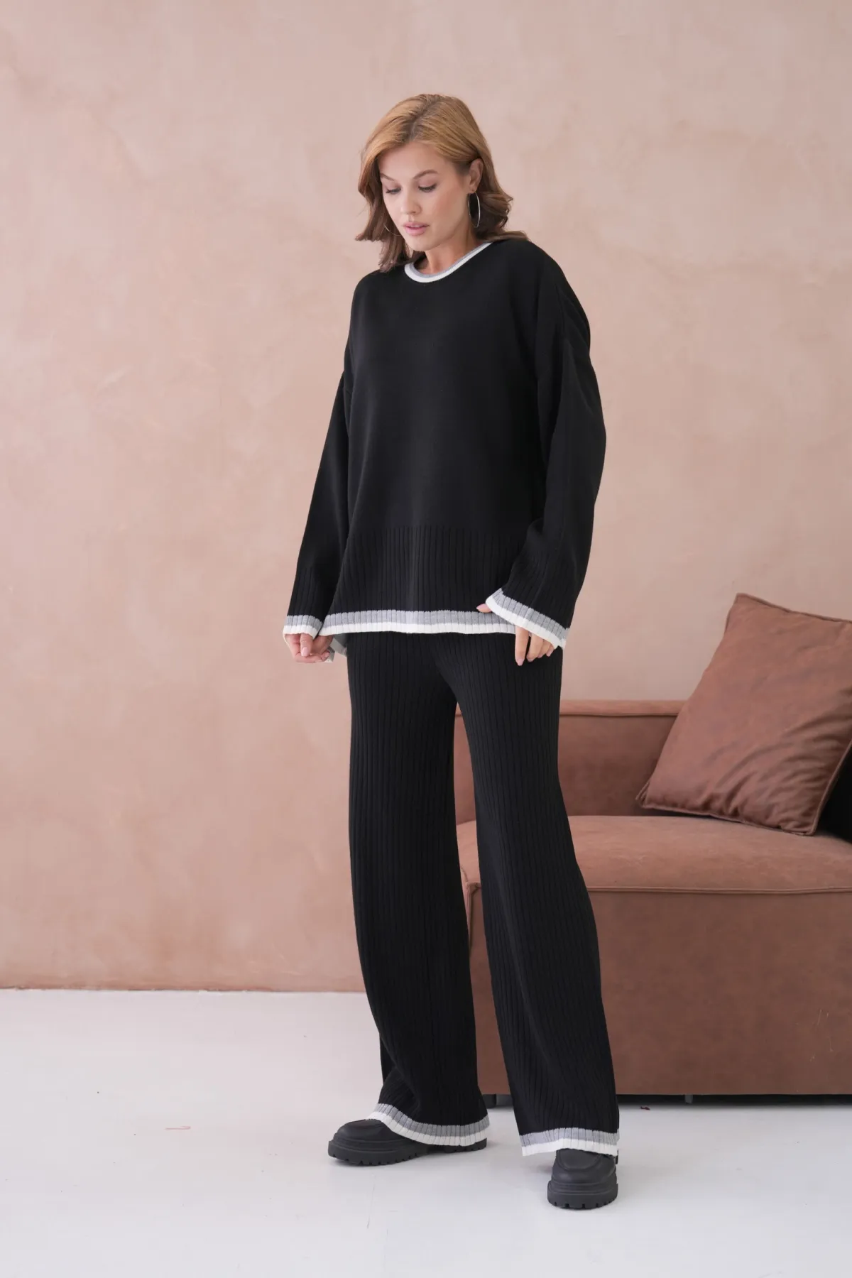 Kadın Bisiklet Yaka Düşük Kol Kazak Pantolon İkili Triko Takım