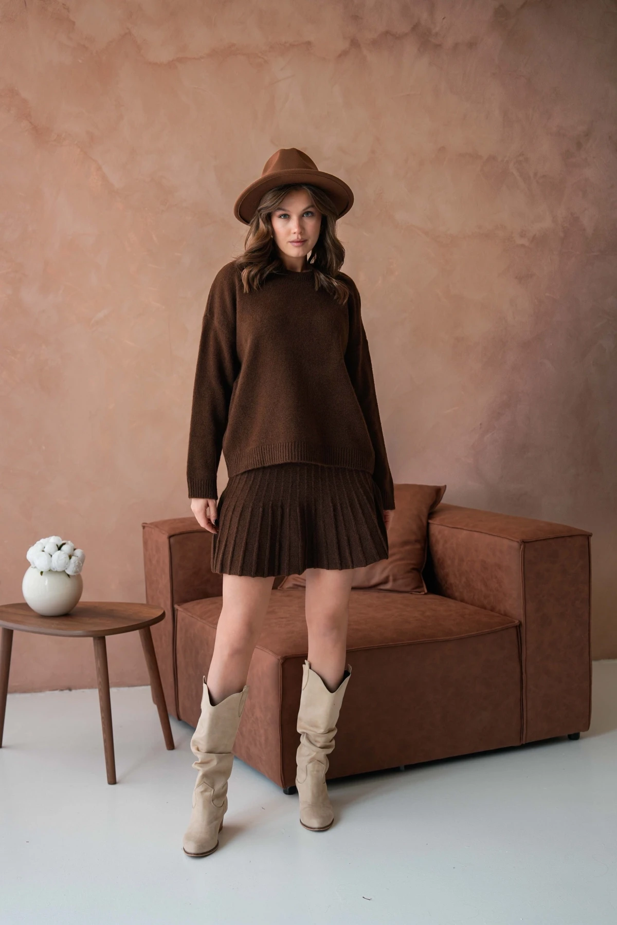 Kadın Bisiklet Yaka Etekli İkili Triko Takım