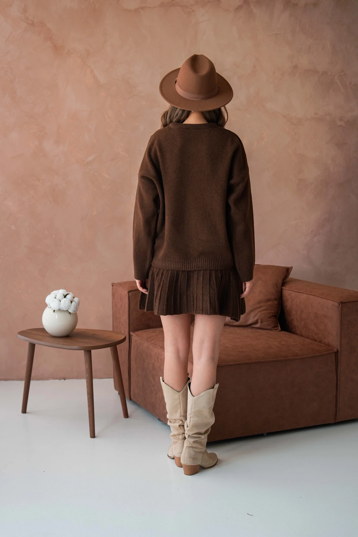 Kadın Bisiklet Yaka Etekli İkili Triko Takım