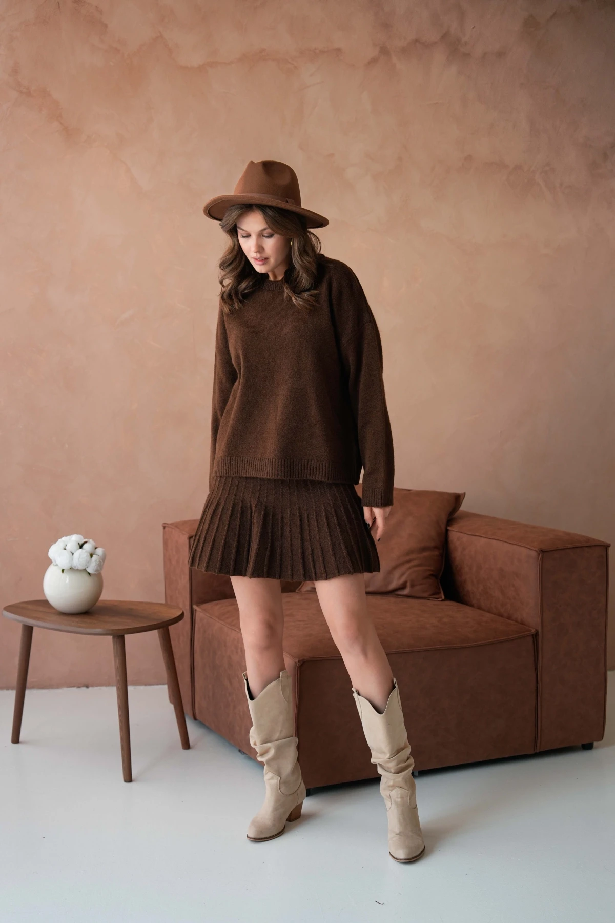 Kadın Bisiklet Yaka Etekli İkili Triko Takım