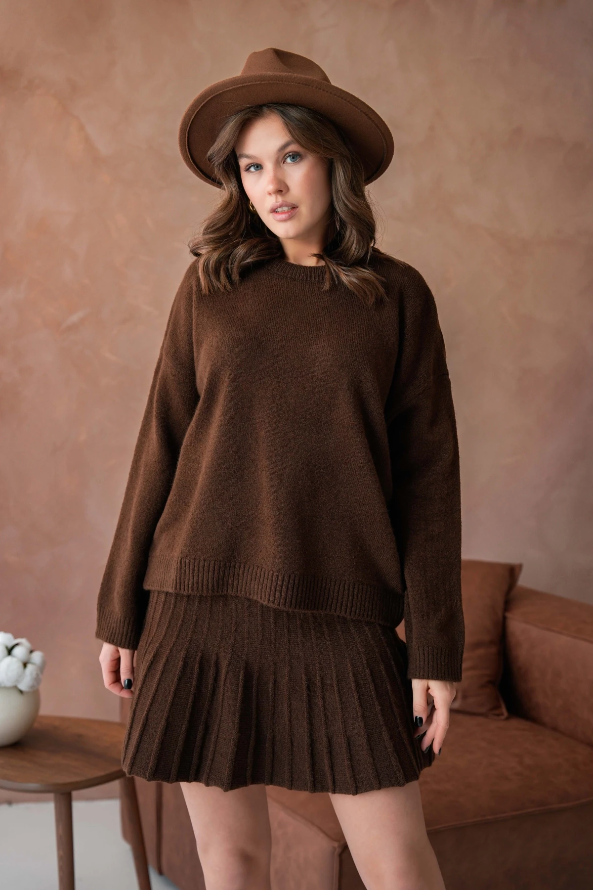 Kadın Bisiklet Yaka Etekli İkili Triko Takım