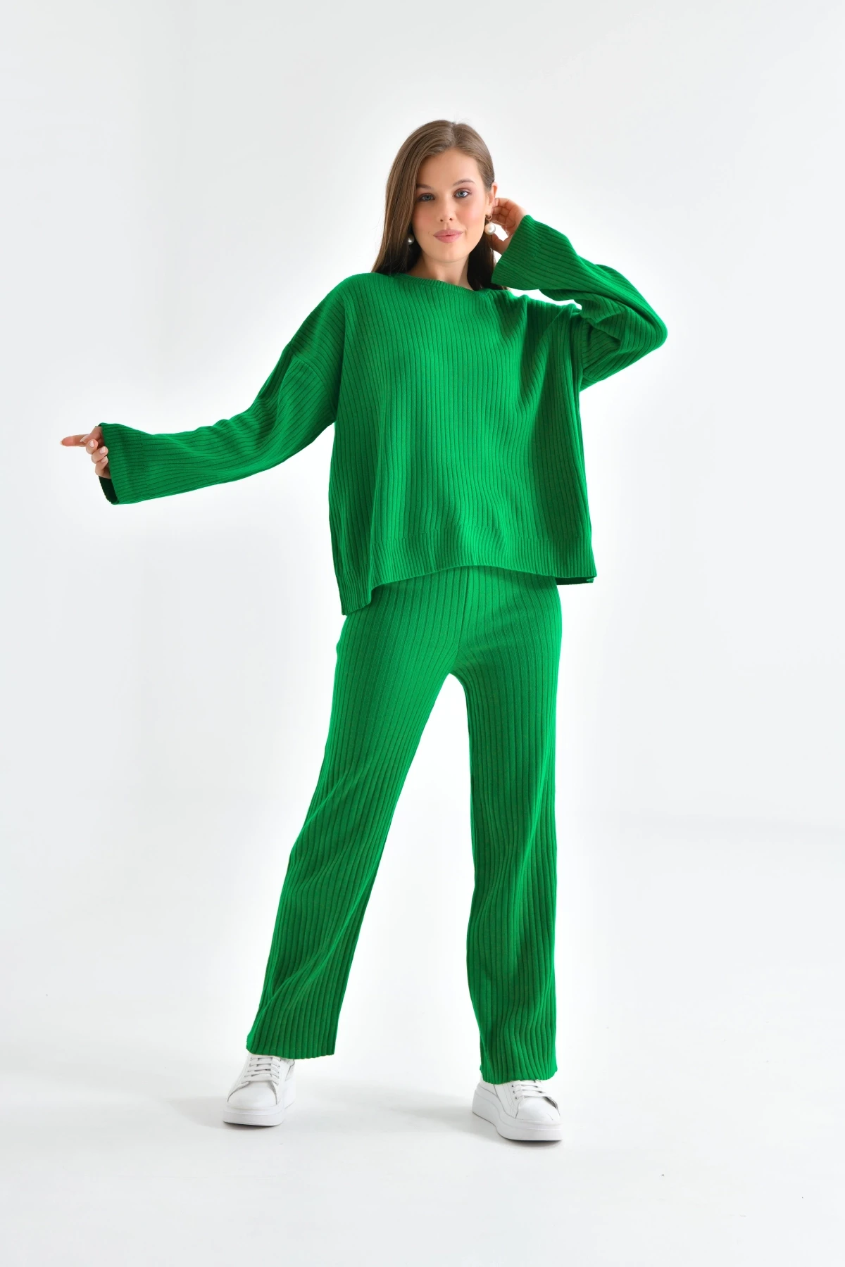 Kadın Bisiklet Yaka Fitilli Kazak Pantolonlu İkili Triko Takım