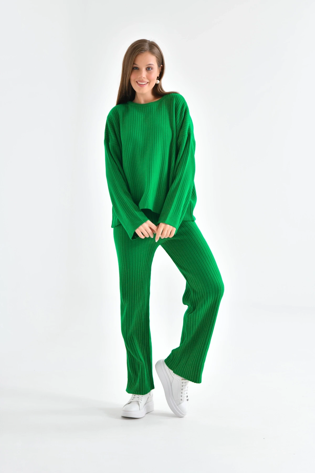 Kadın Bisiklet Yaka Fitilli Kazak Pantolonlu İkili Triko Takım