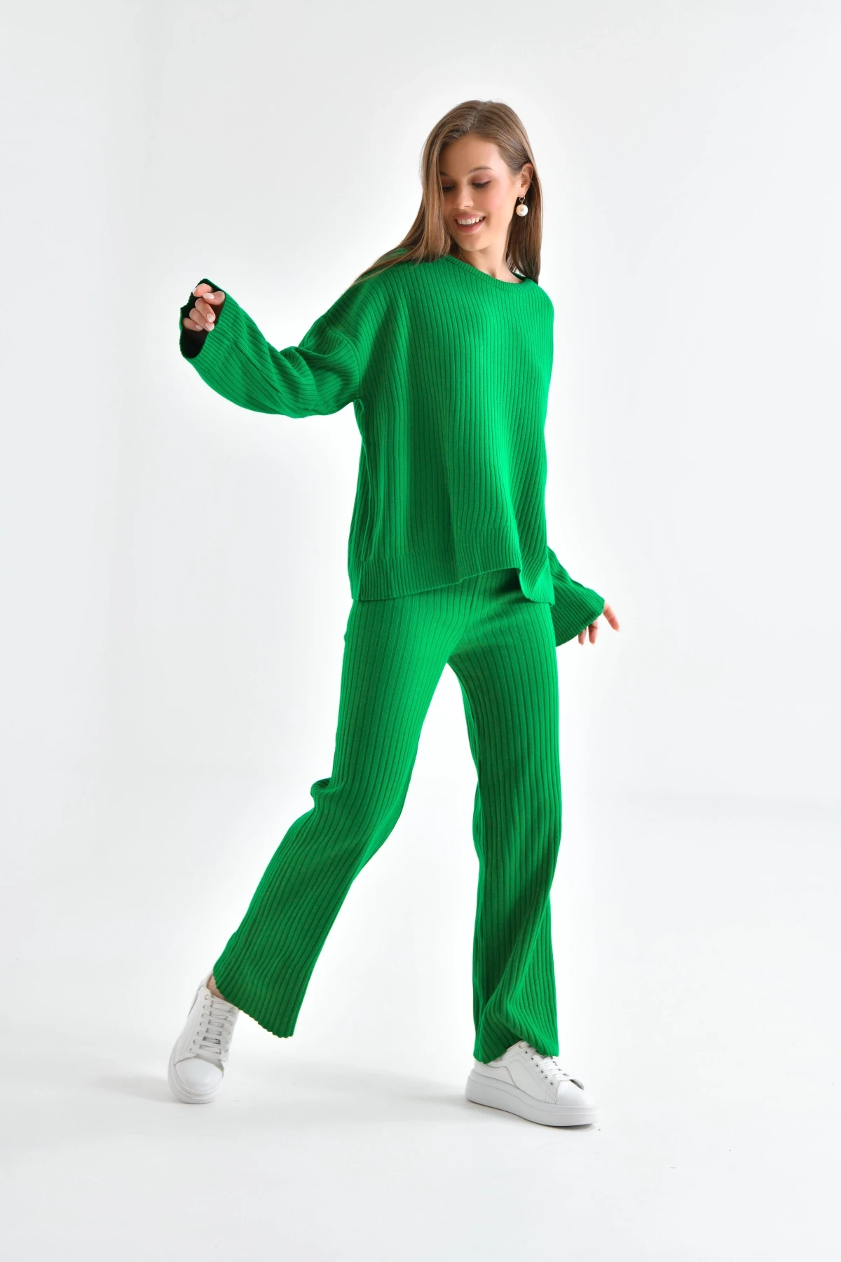 Kadın Bisiklet Yaka Fitilli Kazak Pantolonlu İkili Triko Takım