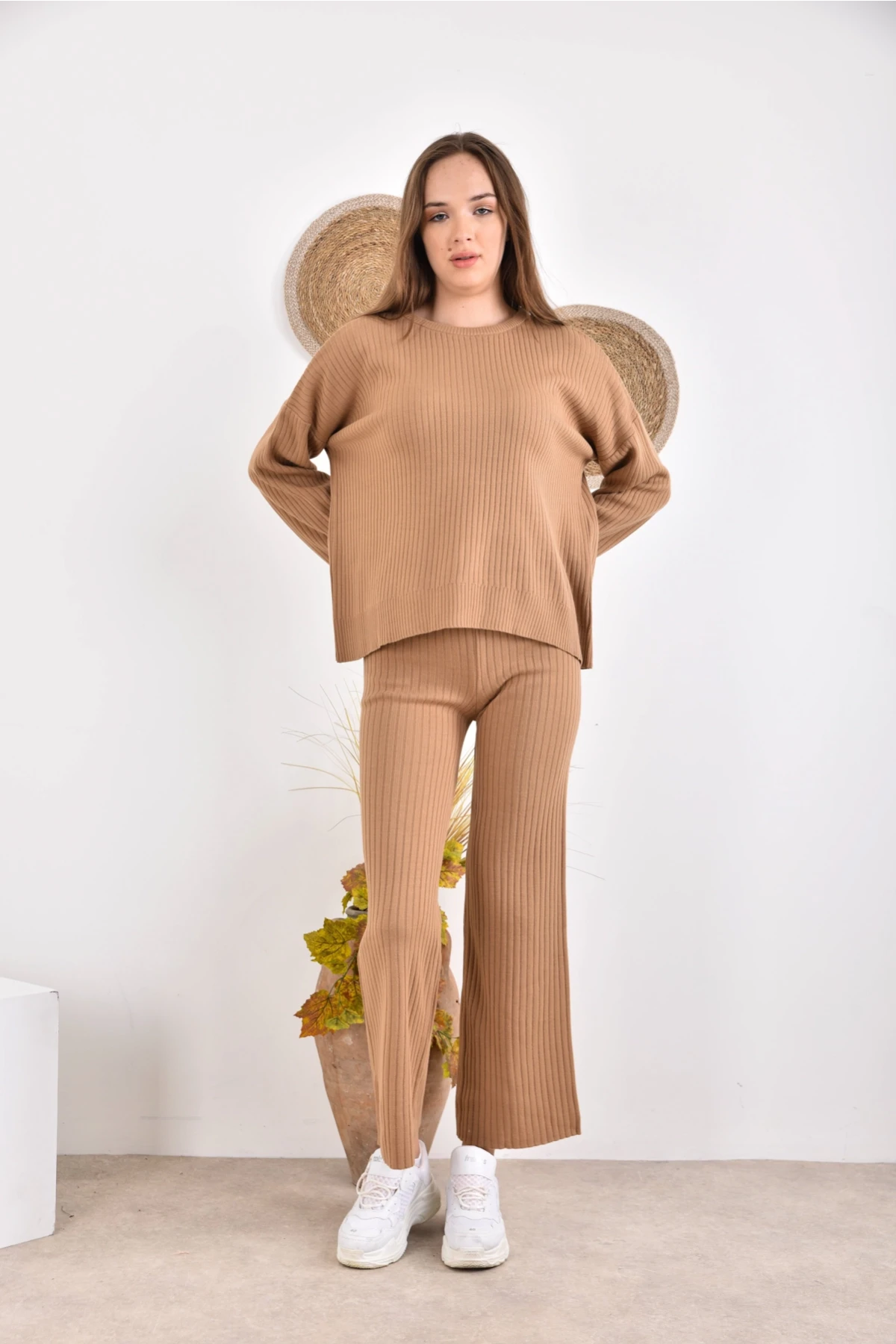 Kadın Bisiklet Yaka Fitilli Kazak Pantolonlu İkili Triko Takım