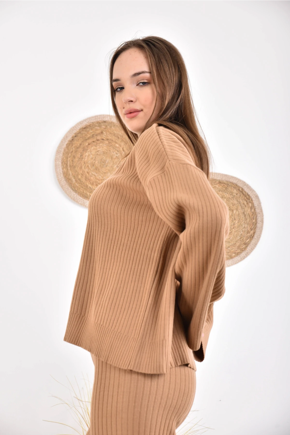 Kadın Bisiklet Yaka Fitilli Kazak Pantolonlu İkili Triko Takım