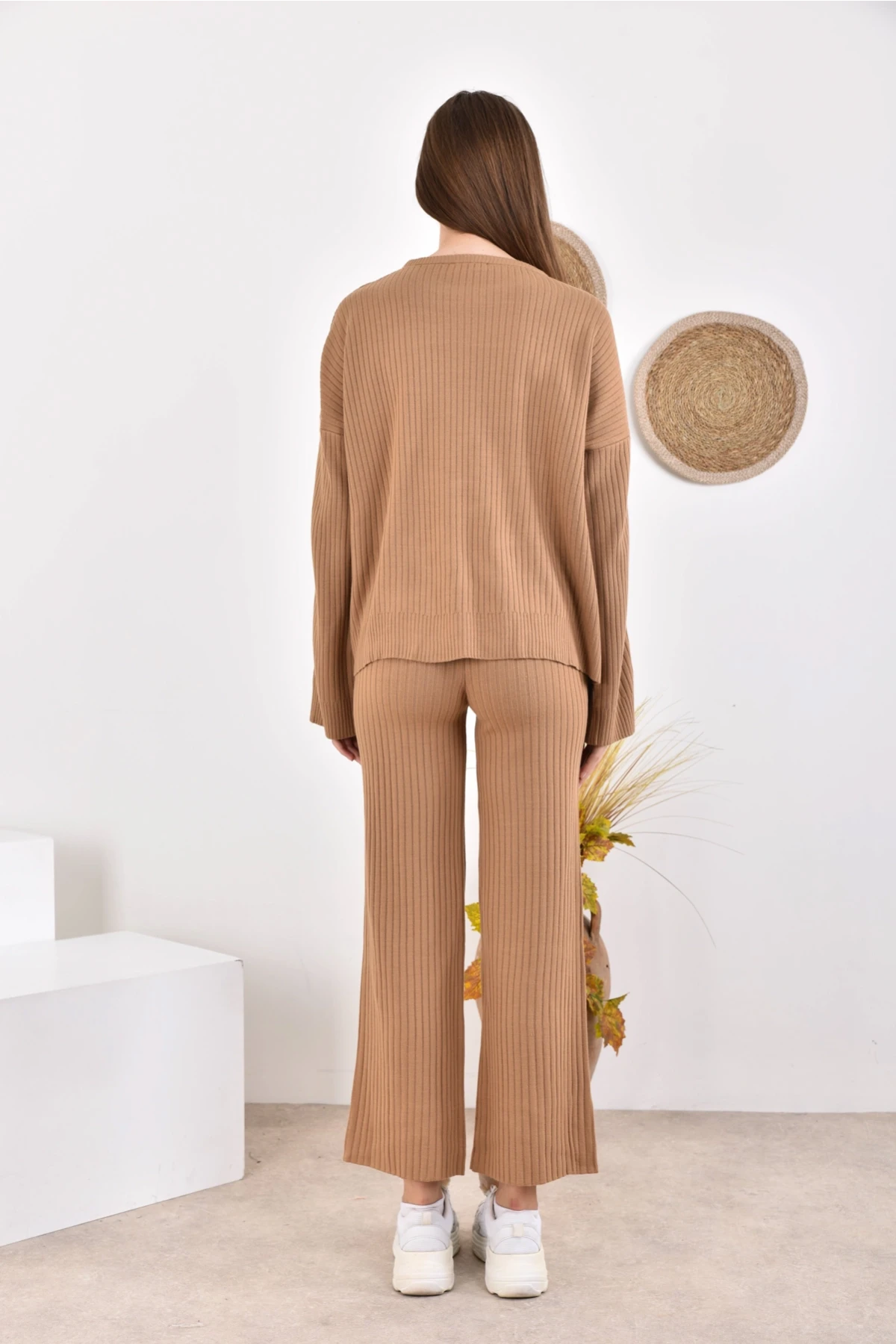 Kadın Bisiklet Yaka Fitilli Kazak Pantolonlu İkili Triko Takım