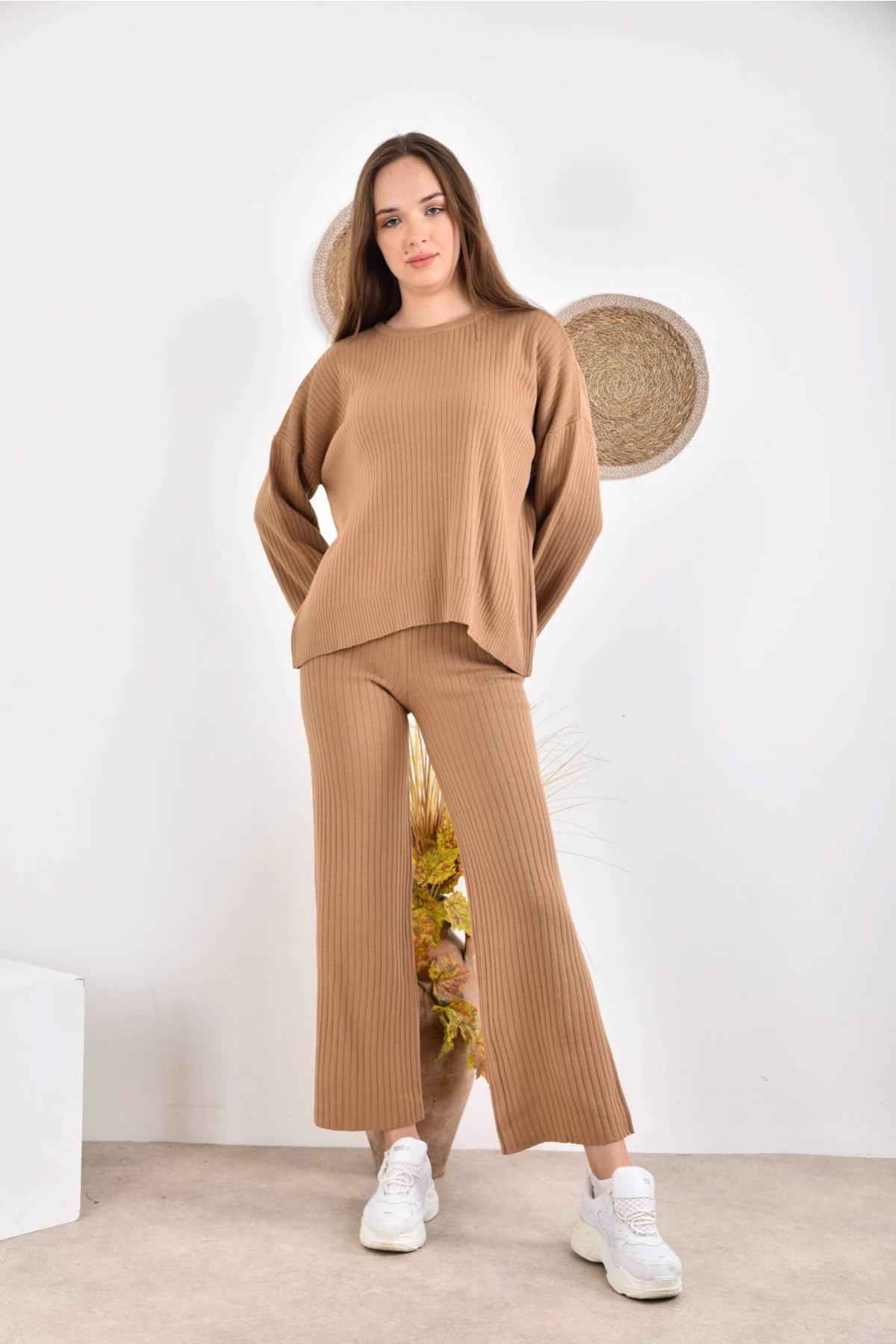 Kadın Bisiklet Yaka Fitilli Kazak Pantolonlu İkili Triko Takım