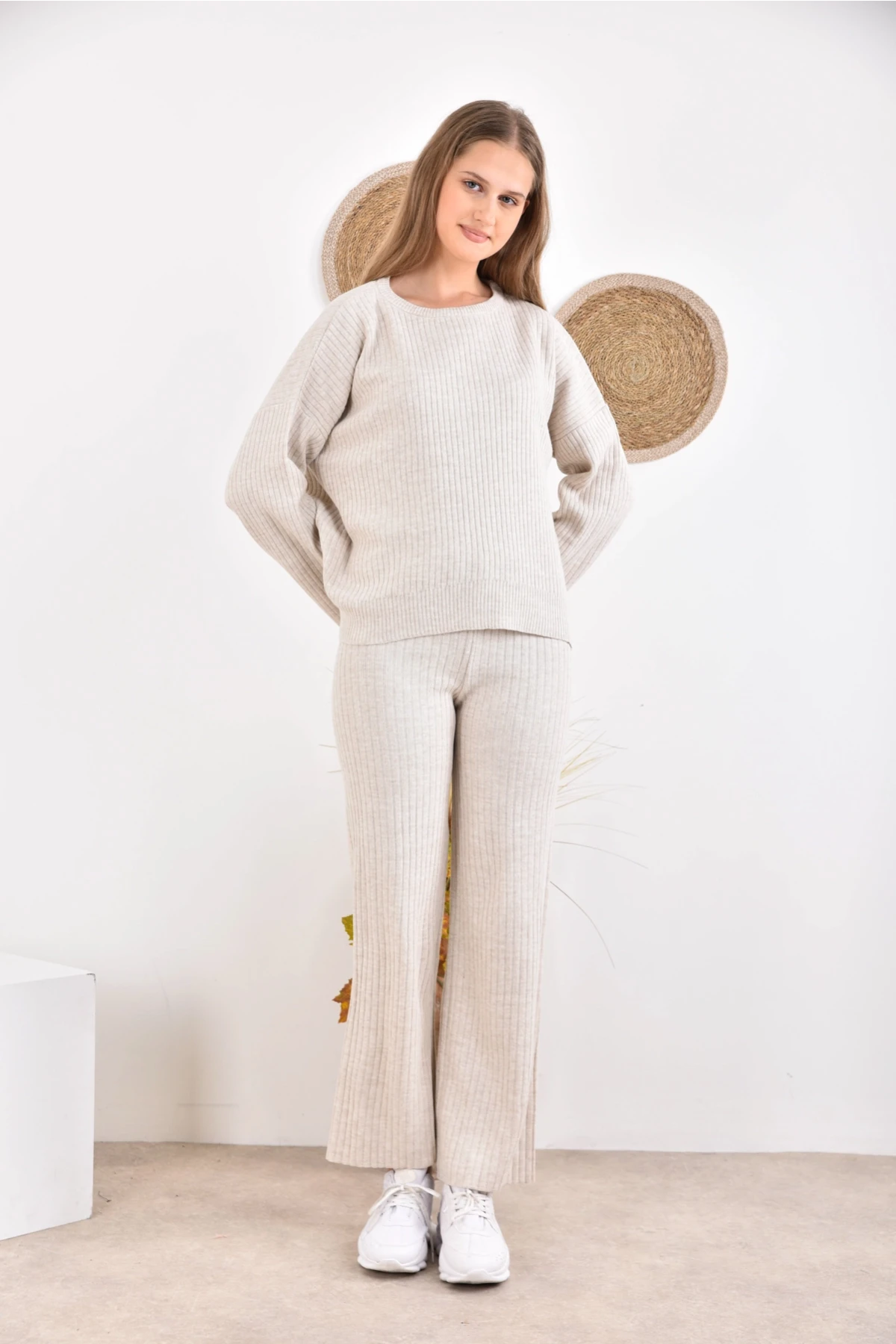 Kadın Bisiklet Yaka Fitilli Kazak Pantolonlu İkili Triko Takım