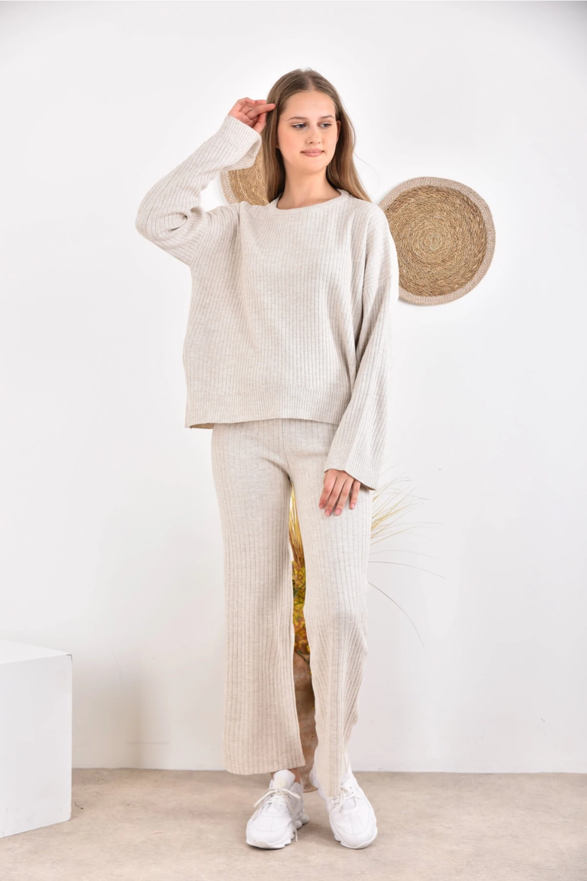 Kadın Bisiklet Yaka Fitilli Kazak Pantolonlu İkili Triko Takım