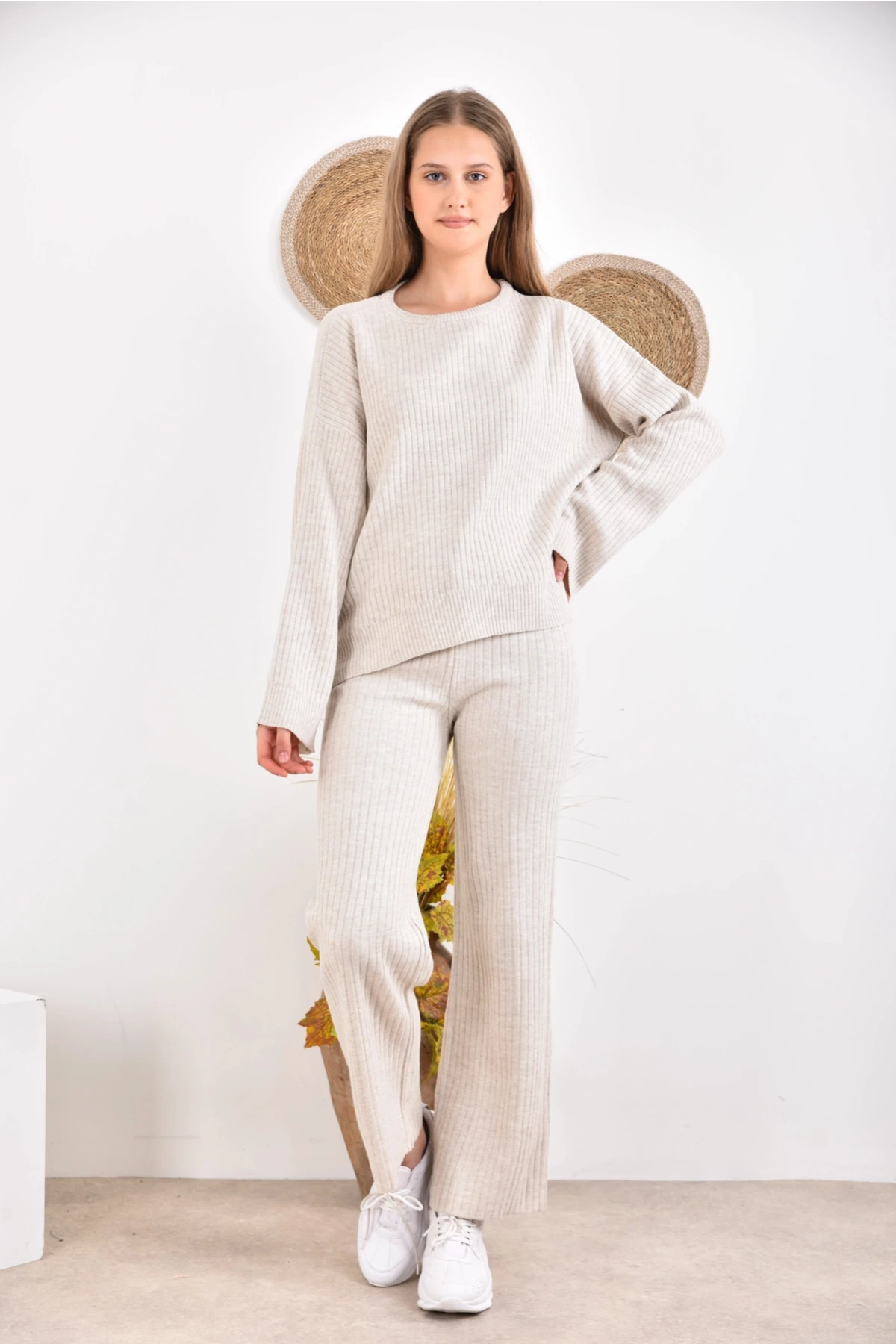 Kadın Bisiklet Yaka Fitilli Kazak Pantolonlu İkili Triko Takım