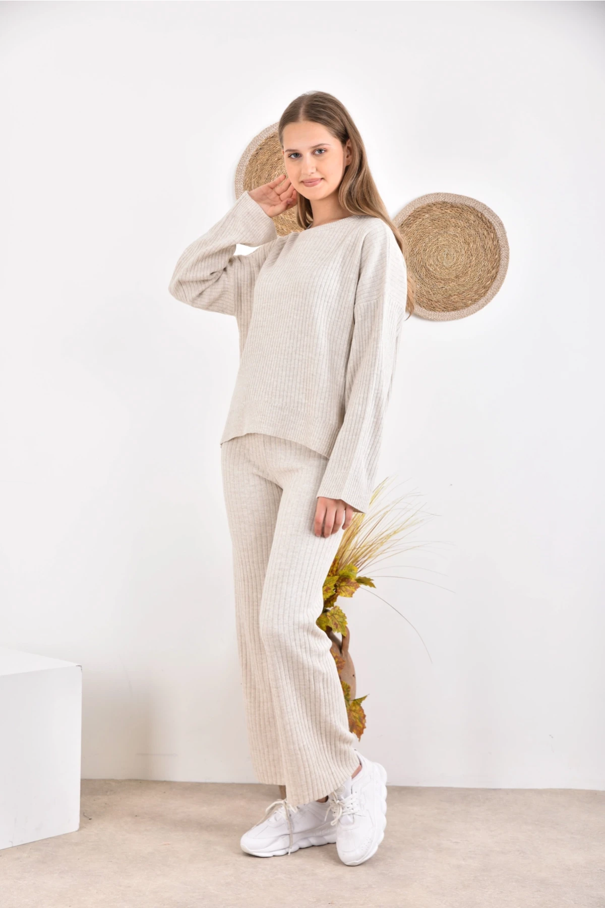 Kadın Bisiklet Yaka Fitilli Kazak Pantolonlu İkili Triko Takım