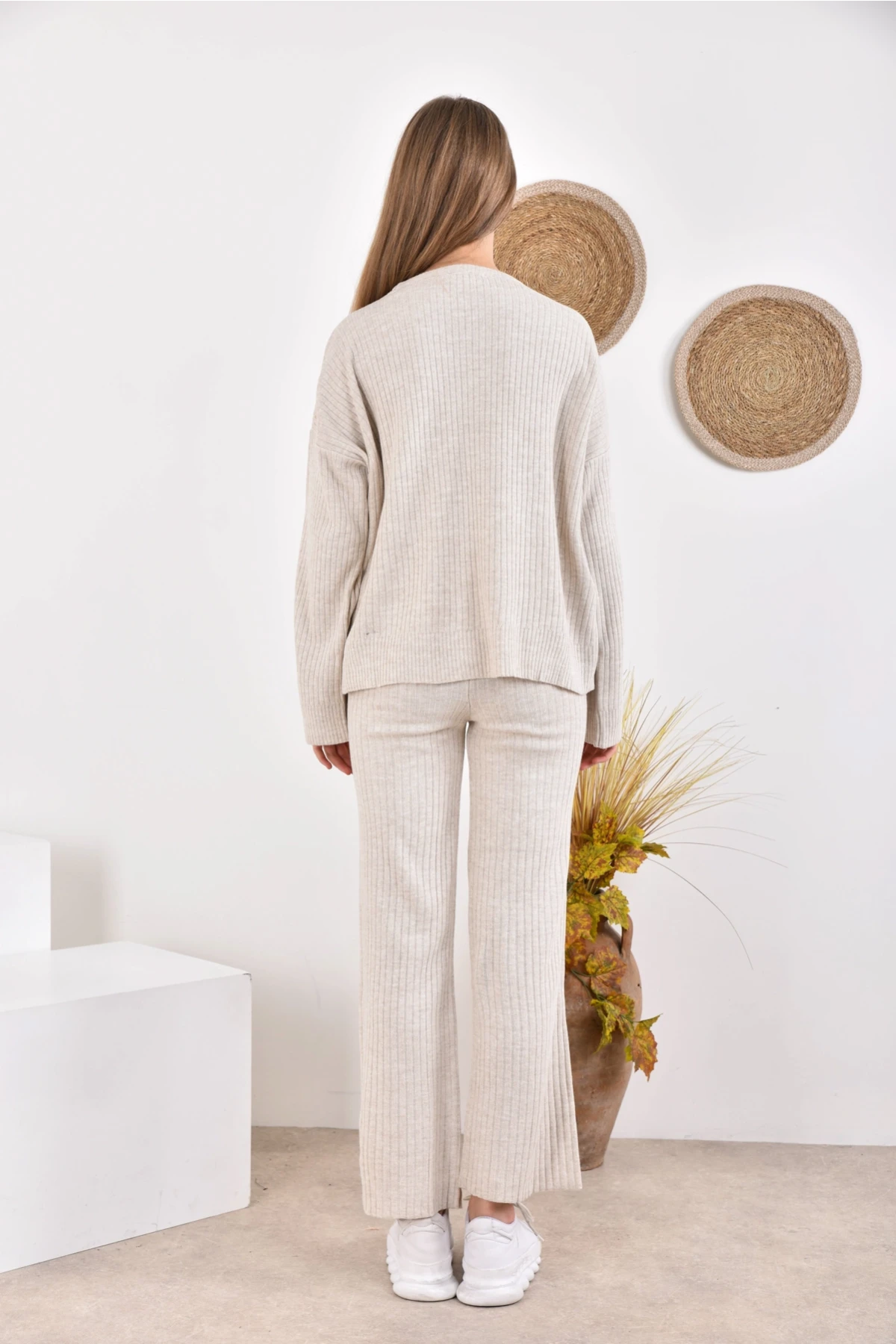 Kadın Bisiklet Yaka Fitilli Kazak Pantolonlu İkili Triko Takım