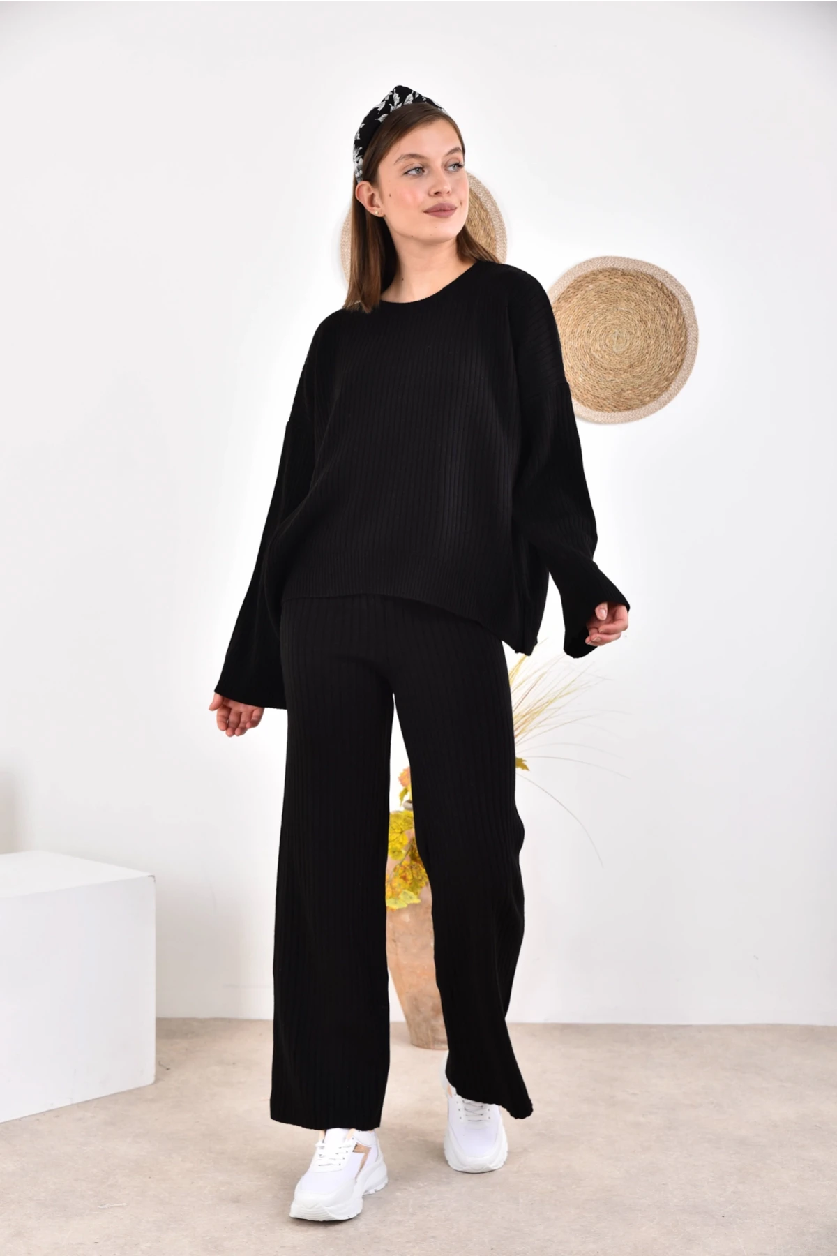 Kadın Bisiklet Yaka Fitilli Kazak Pantolonlu İkili Triko Takım