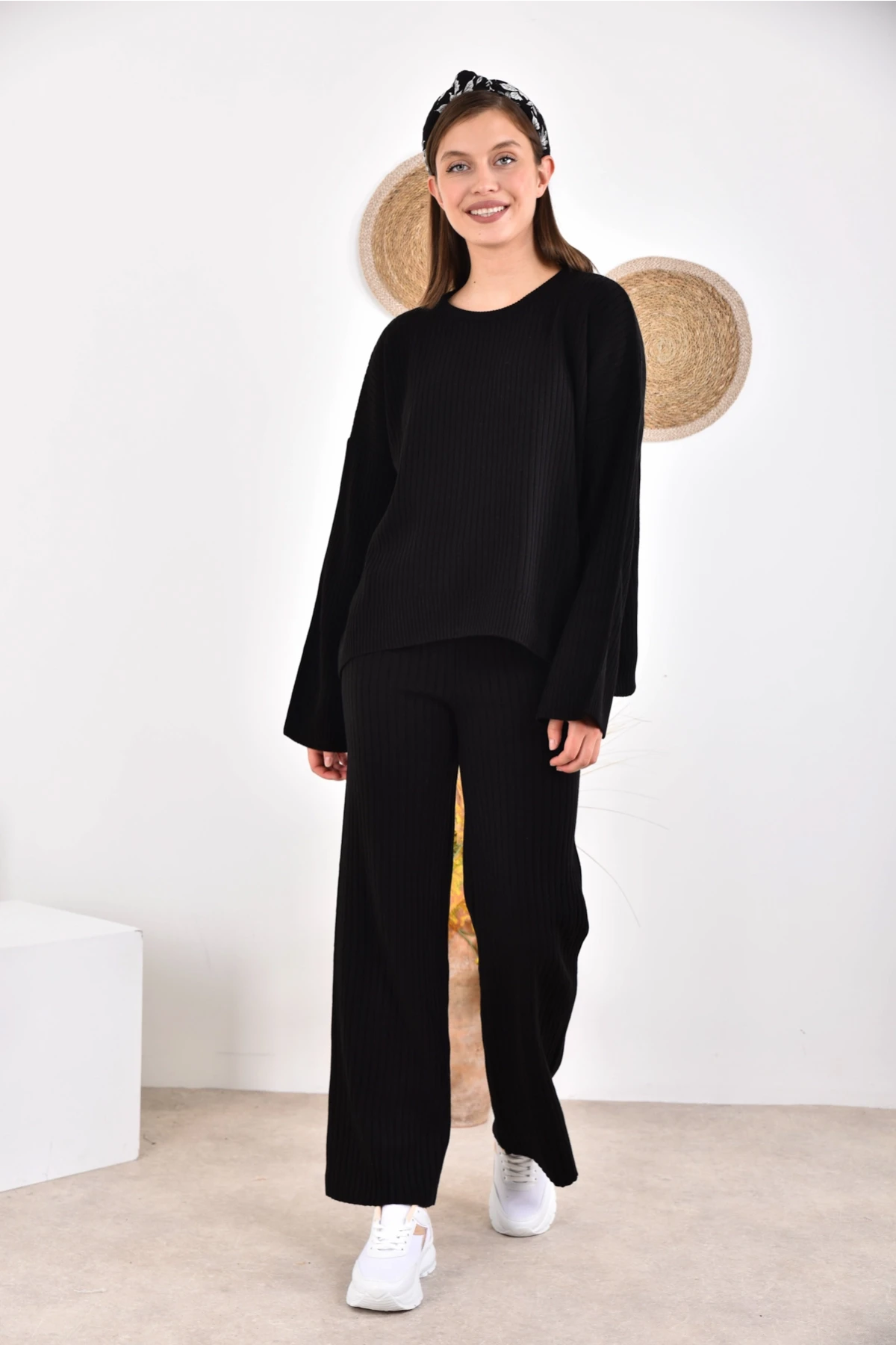 Kadın Bisiklet Yaka Fitilli Kazak Pantolonlu İkili Triko Takım