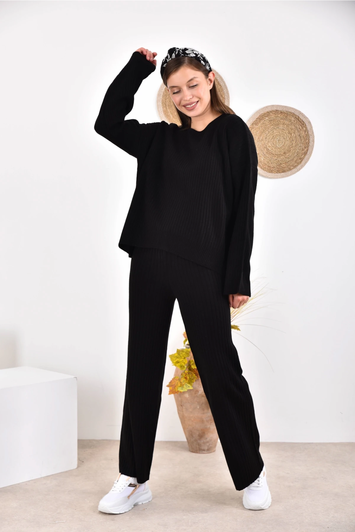 Kadın Bisiklet Yaka Fitilli Kazak Pantolonlu İkili Triko Takım