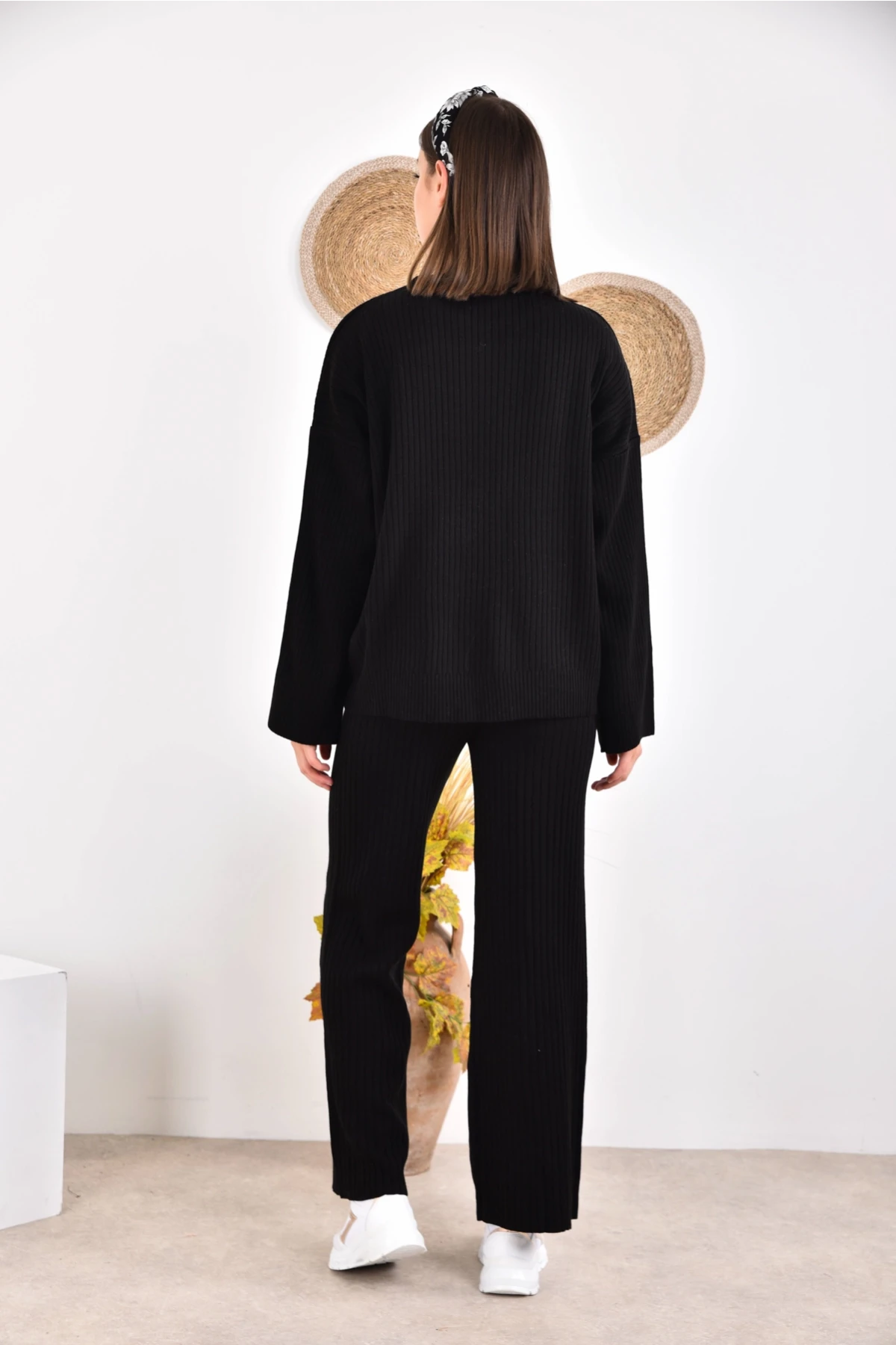 Kadın Bisiklet Yaka Fitilli Kazak Pantolonlu İkili Triko Takım