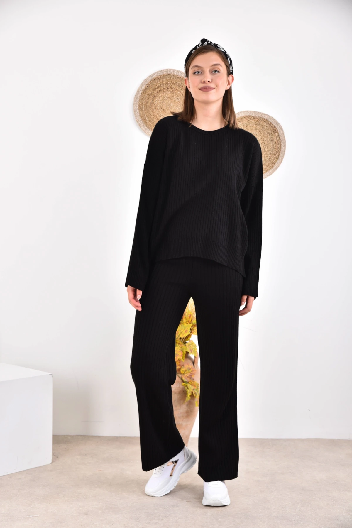 Kadın Bisiklet Yaka Fitilli Kazak Pantolonlu İkili Triko Takım